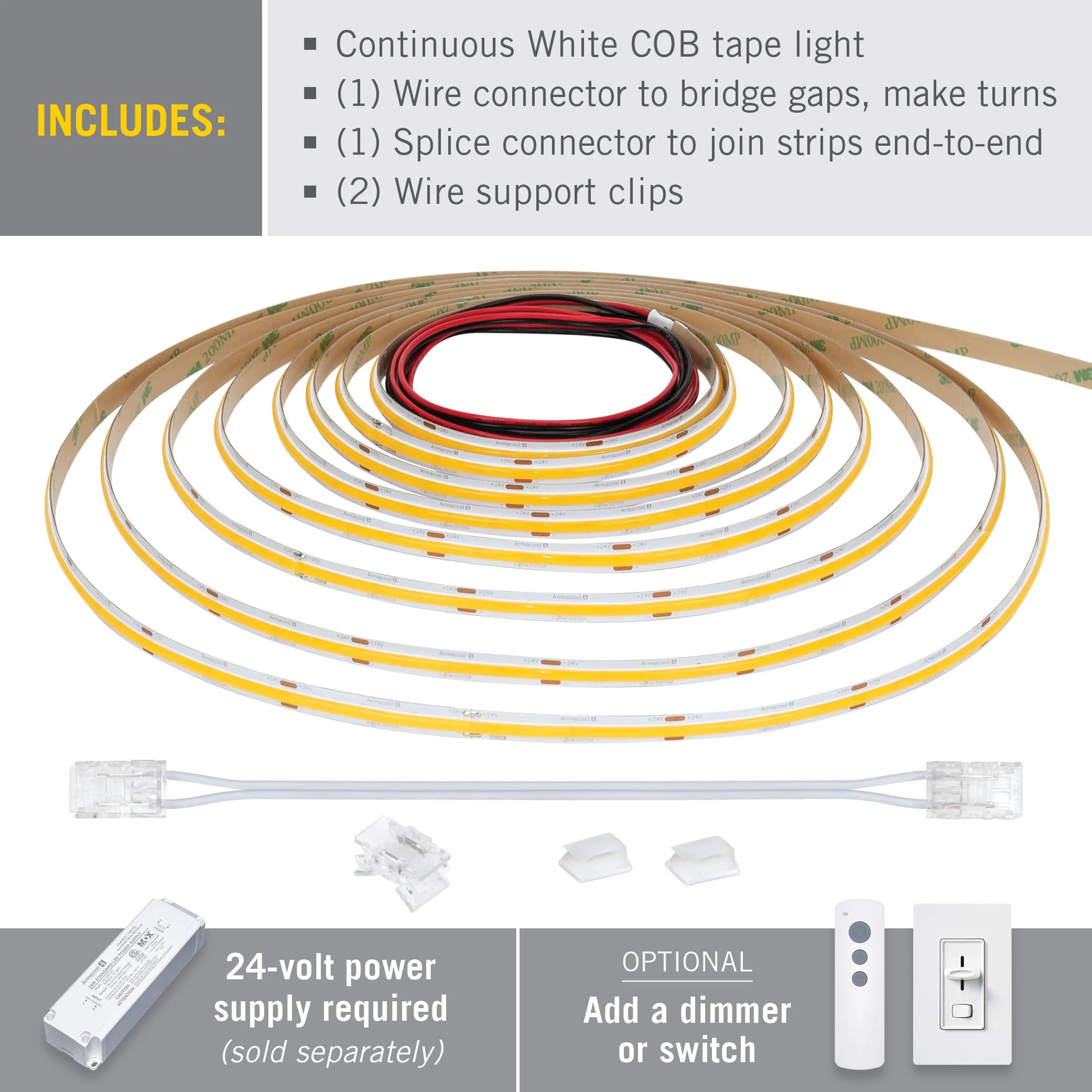 Armacost Lighting RibbonFlex Pro 24V White COB LED Strip Light Tape 2700K, 315 Lumens/Ft, 2.5M 172110 315 lm/ft Warm White 2700K 8.2 ft - Image 3