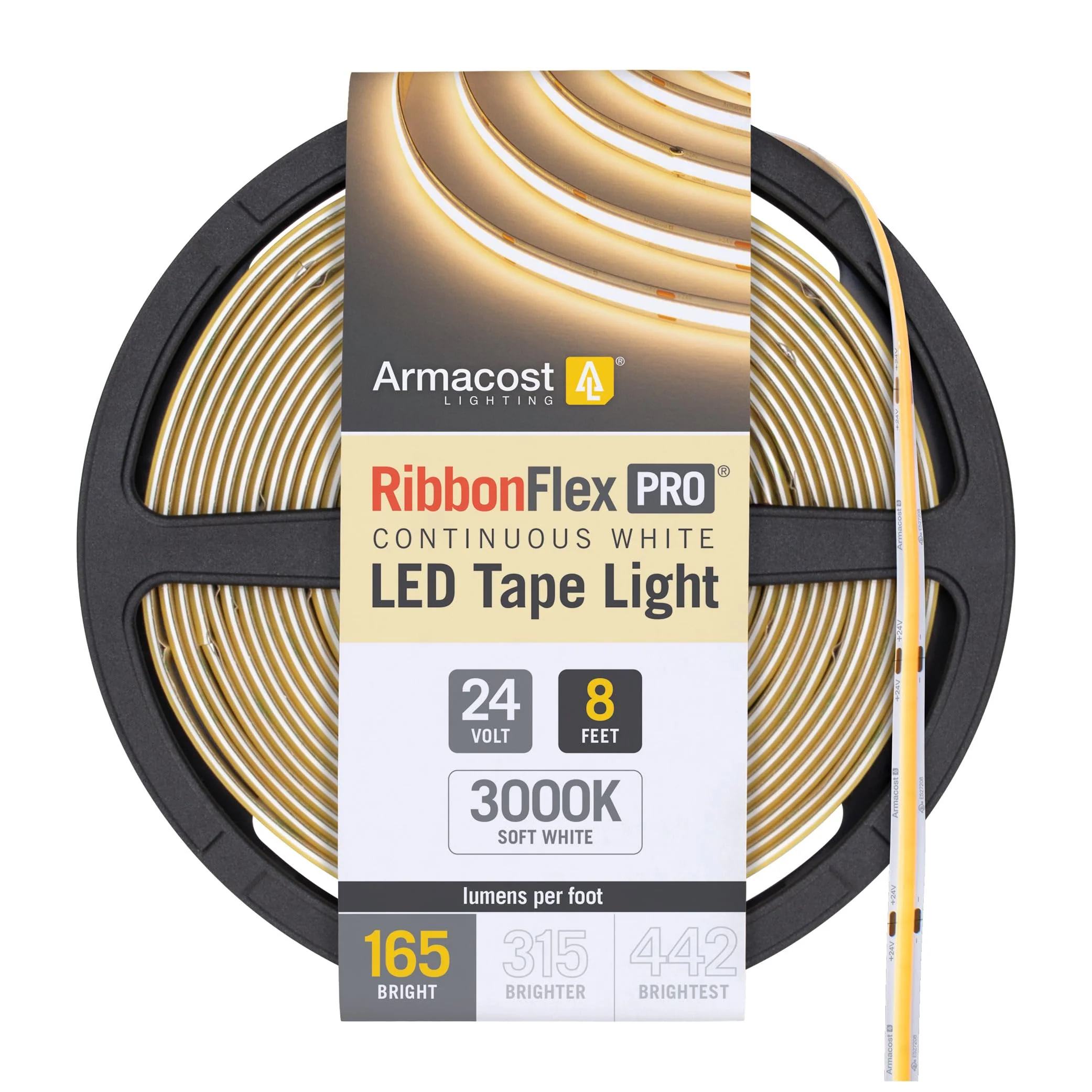 Armacost Lighting RibbonFlex Pro 24V White COB LED Strip Light Tape 3000K, 165 Lumens/Ft, 2.5M 171210 165 lm/ft Soft White 3000K 8.2 ft
