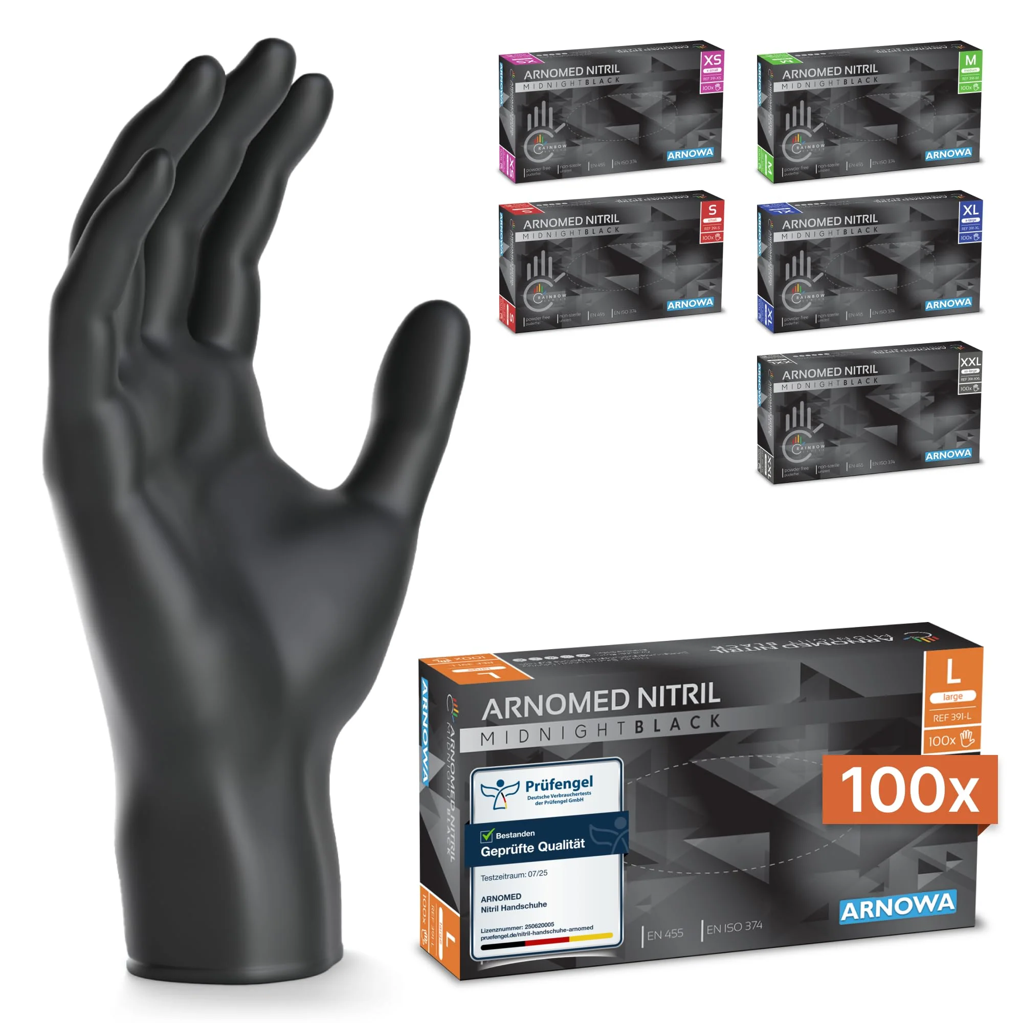ARNOMED Disposable Gloves, Pack of 100 Black L Nitrile Gloves, Powder-Free and Latex-Free Disposable Gloves, Gloves Available in Size XS, S, M, L, XL and XXL