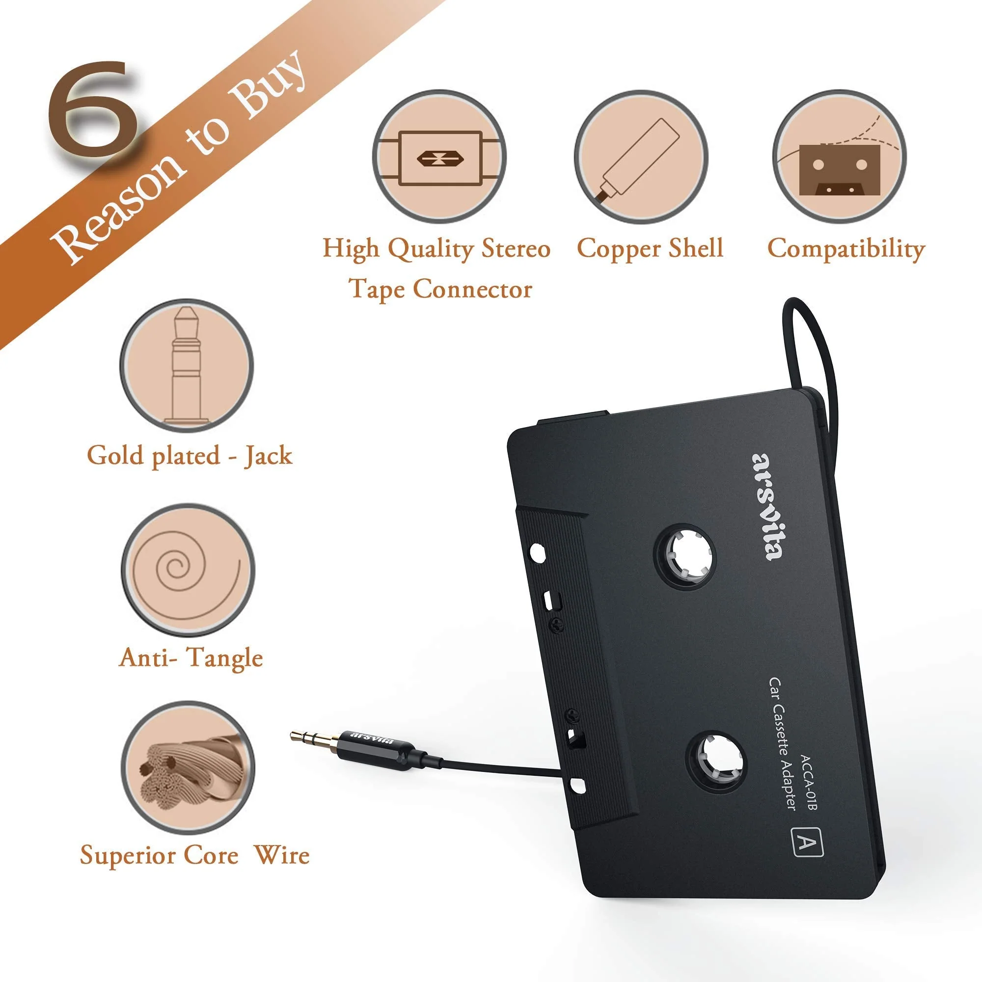 Arsvita Car Audio Cassette to Aux Adapter , 3.5 MM Auxillary Cable Tape Adapter - Image 2