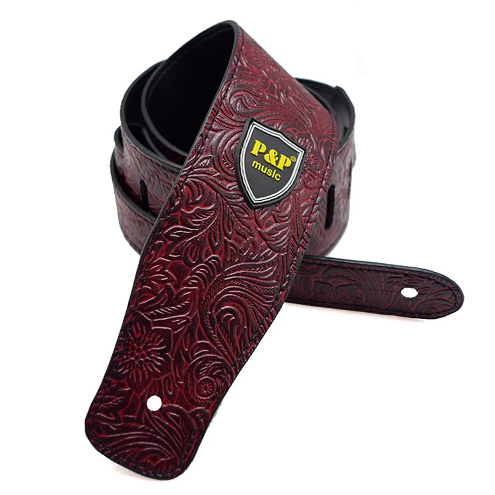Art Attack Red Leather Floral Flower Music Electric Acoustic Ukulele Bass Guitar Strap