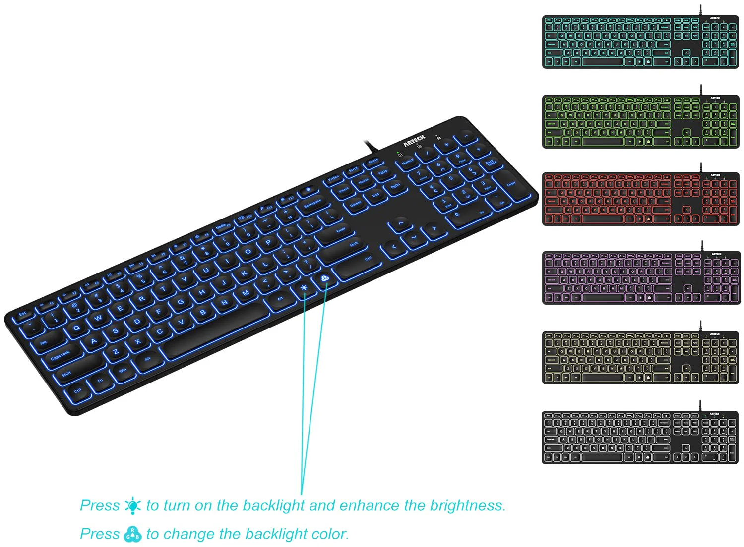 Arteck Backlit USB Wired Full Size Keyboard with Media Hotkey for PC and Laptop - Image 5