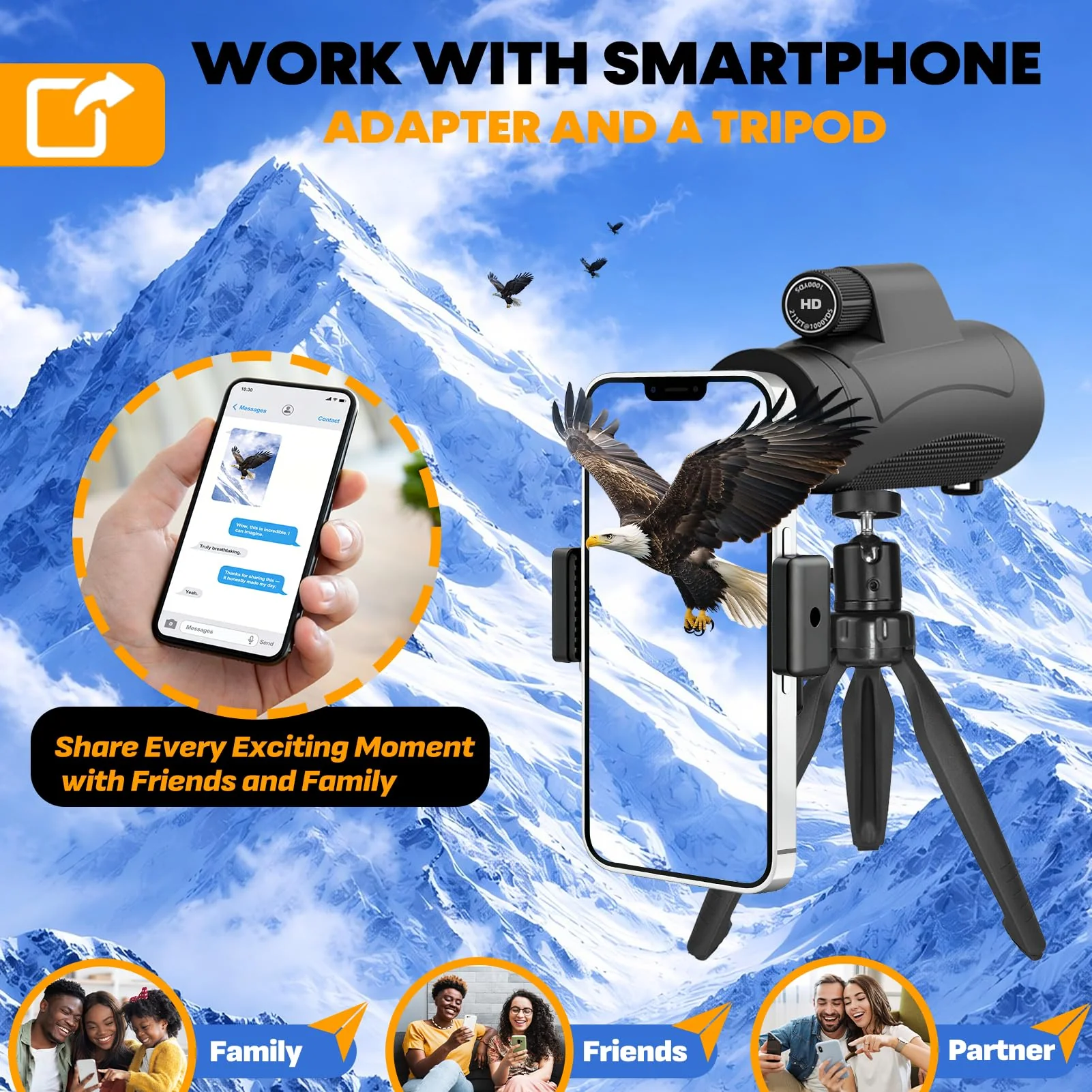 Asacam® 80x100 Monocular Telescope High Powered for Smartphone HD Monoculars for Adults with Adapter/Tripod for Bird Watching Camping Hiking Traveling Outdoor Wildlife-2026 Update Premium Black - Image 5