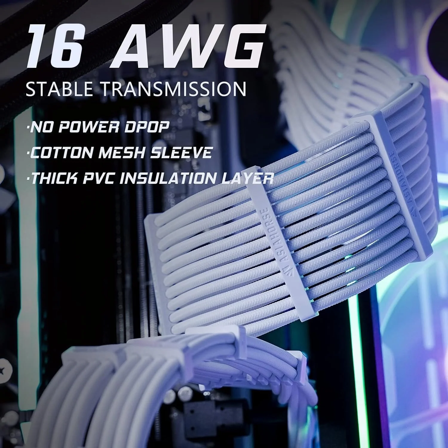 AsiaHorse 16AWG PSU Cable Extension Sleeved Custom Mod GPU PC Audio Video Power Supply Soft Braided Cables with Two Color Comb Kit 24P/8P to 6+2P/ 8P to 4+4P 30CM Snow White - Image 4
