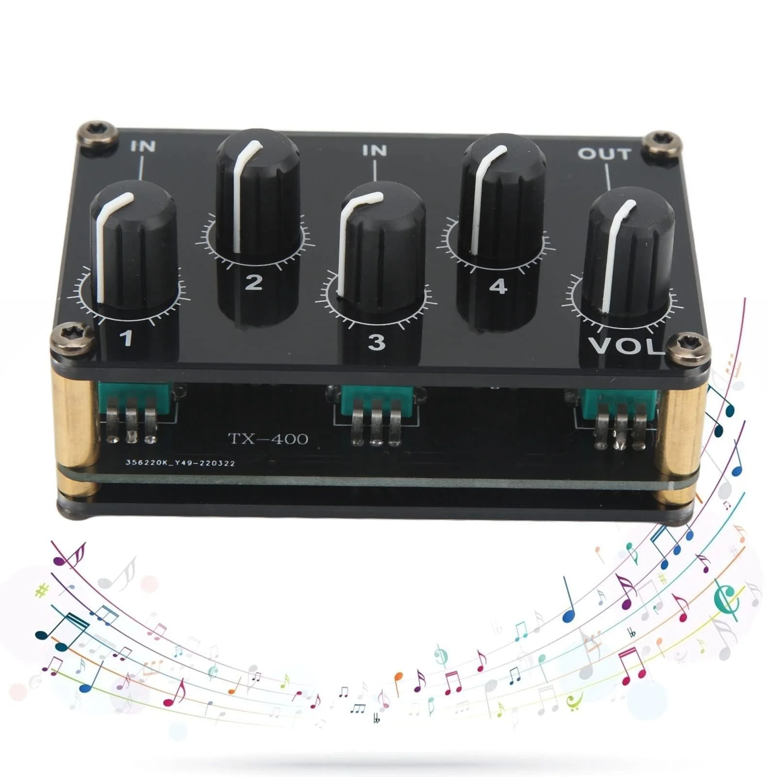 Audio Mixer, 4 Input 1 Output Mini Low Noise Sound Board Console Portable Passive Stereo Audio Mixer Mini Stereo Live Studio Console Audio Recording Mixers Music Mixer Machine - Image 5