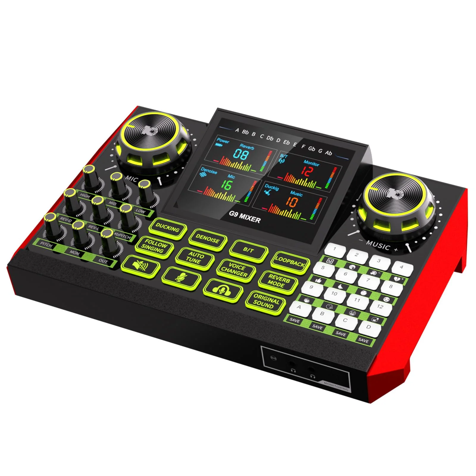 Audio mixer, suitable for live streaming, singing, and gaming on computer/phone; soundboard for 3.5mm condenser microphone; podcast mixer with live sound card, noise reduction, and one-touch mute G9