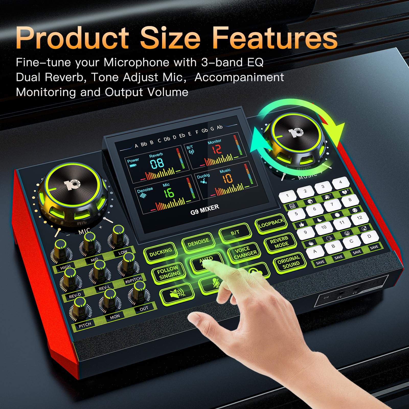 Audio mixer, suitable for live streaming, singing, and gaming on computer/phone; soundboard for 3.5mm condenser microphone; podcast mixer with live sound card, noise reduction, and one-touch mute G9 - Image 2