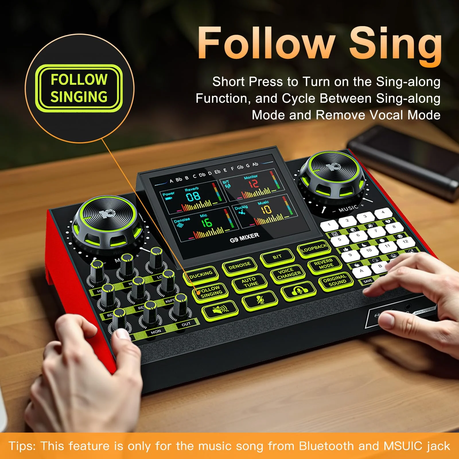 Audio mixer, suitable for live streaming, singing, and gaming on computer/phone; soundboard for 3.5mm condenser microphone; podcast mixer with live sound card, noise reduction, and one-touch mute G9 - Image 3