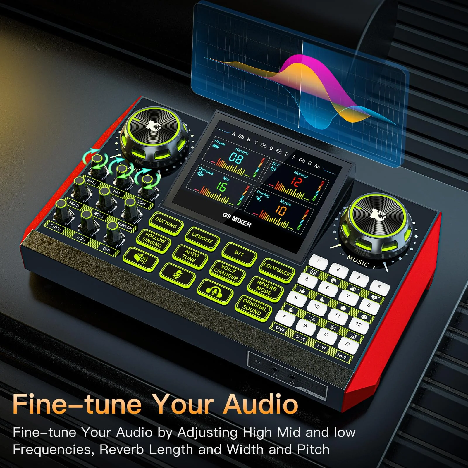 Audio mixer, suitable for live streaming, singing, and gaming on computer/phone; soundboard for 3.5mm condenser microphone; podcast mixer with live sound card, noise reduction, and one-touch mute G9 - Image 4