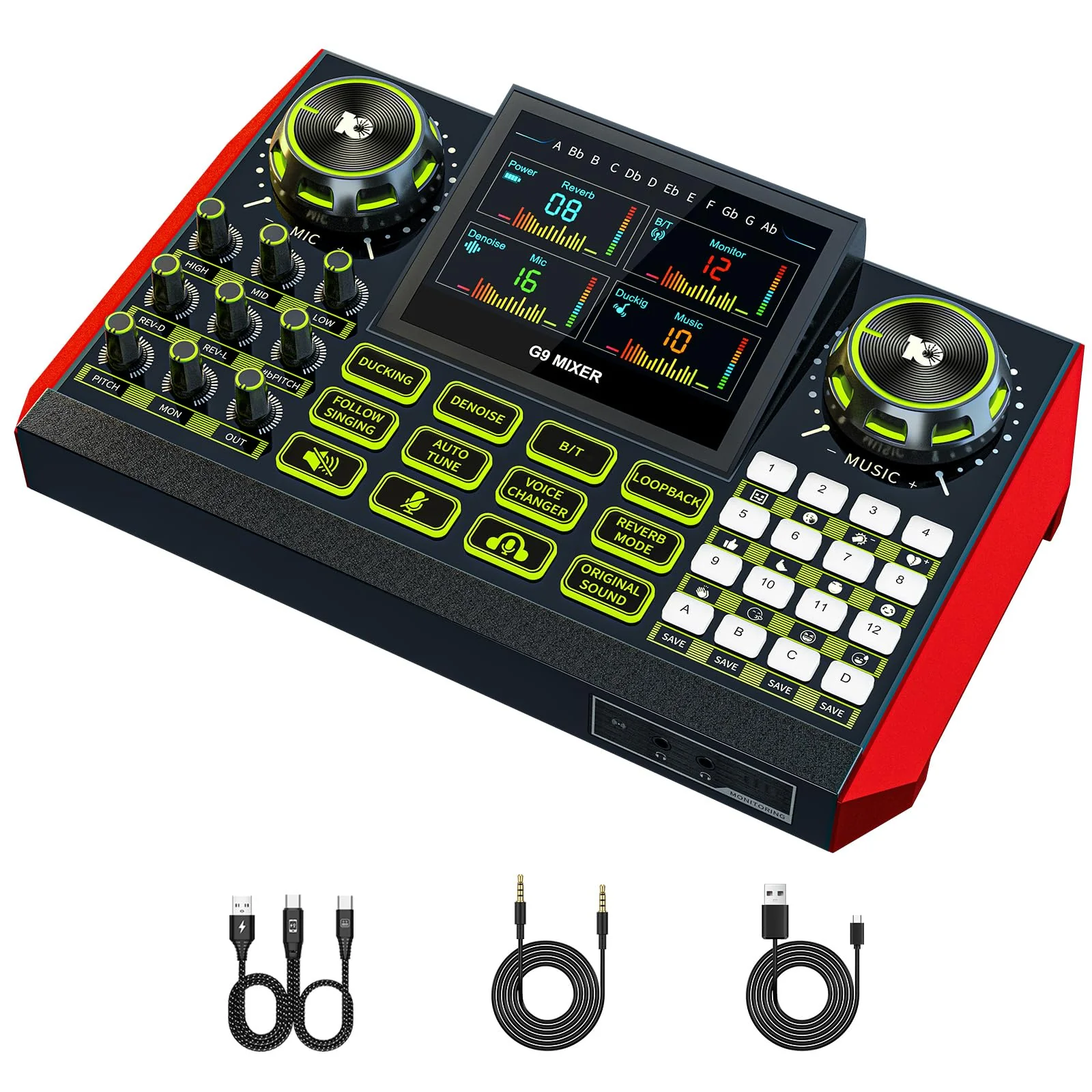 Audio mixer, suitable for live streaming, singing, and gaming on computers/phones; podcast mixer with real-time sound card, noise reduction function, and one-click mute function G9 AUDIO MIXER