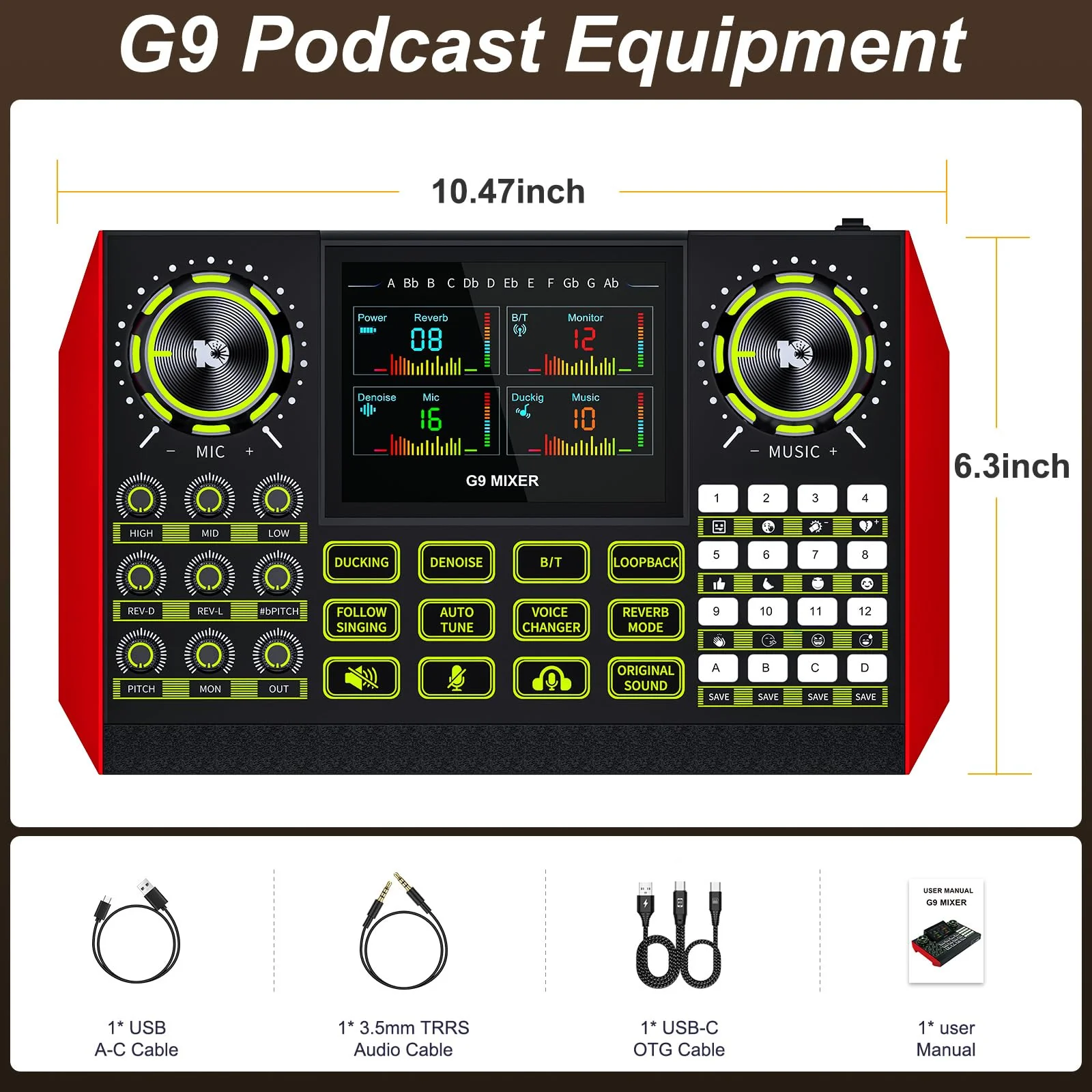 Audio mixer, suitable for live streaming, singing, and gaming on computers/phones; podcast mixer with real-time sound card, noise reduction function, and one-click mute function G9 AUDIO MIXER - Image 8