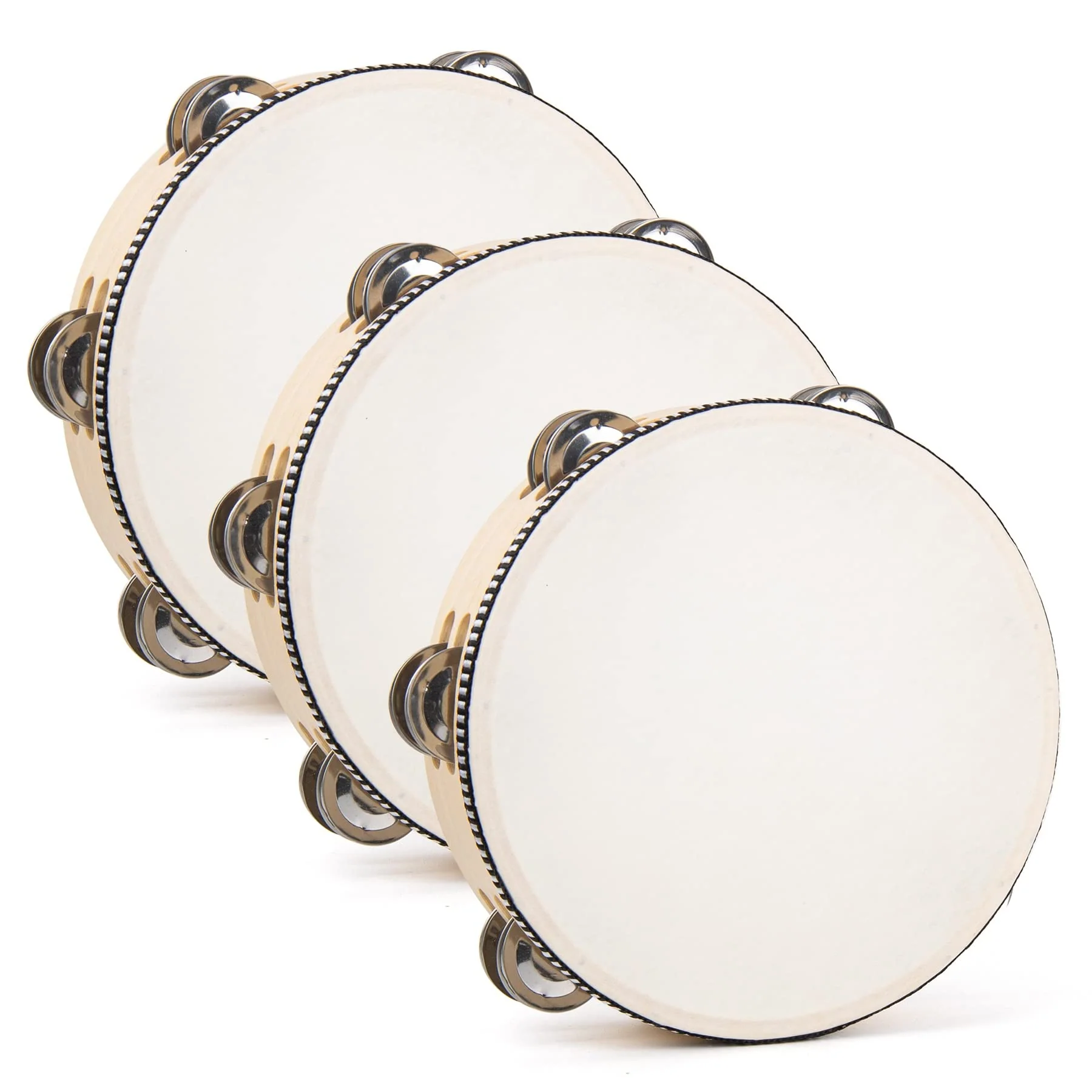 AUEAR, 3 Pack Wooden Tambourines Double Rows Metal Jingle Tambourine 8 Inch Handheld for Party Church KTV Musical Educational 8" (3 Pack) Double Row Jingles
