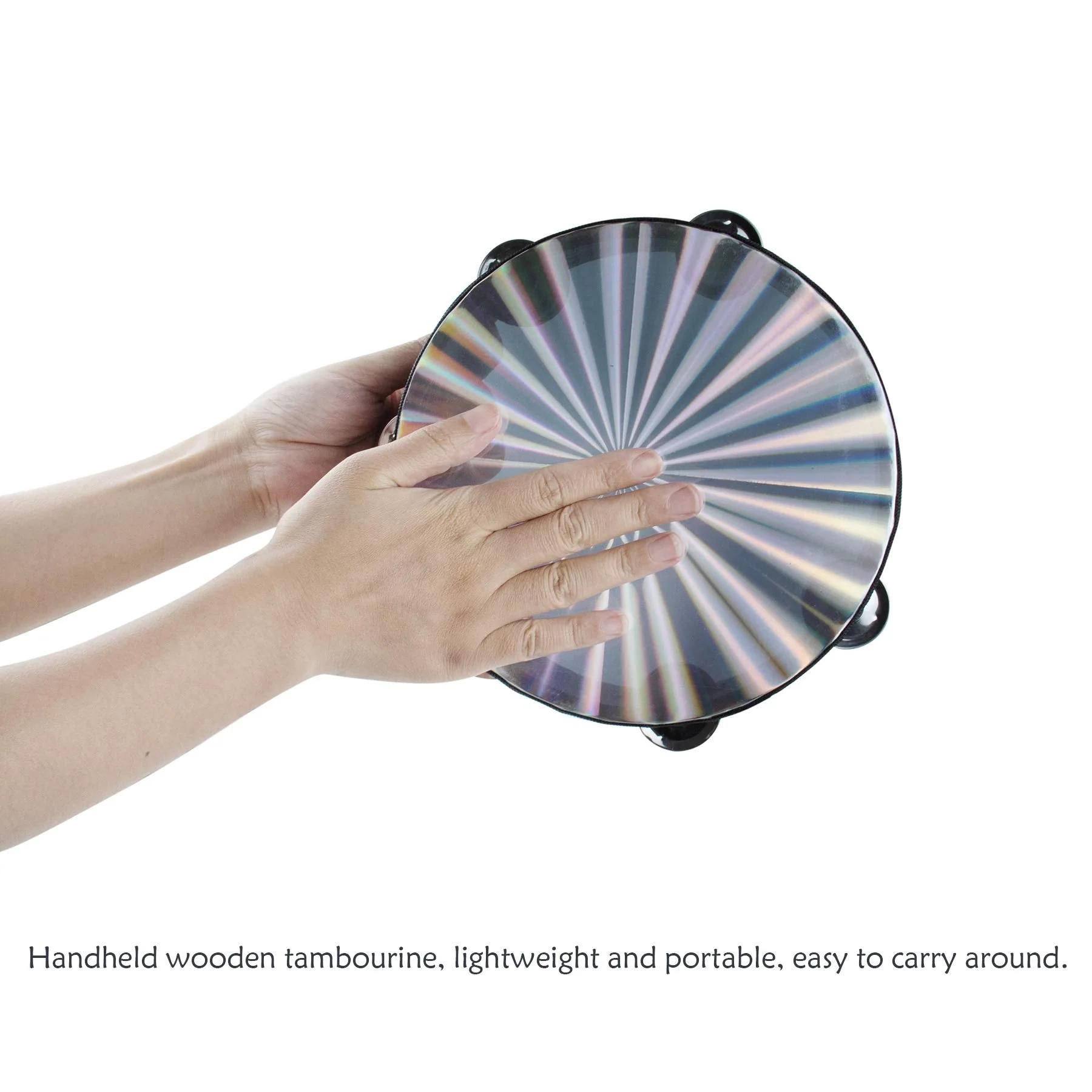 AUEAR, Double Row Jingles Handheld Tambourine Creative Wooden Tambourine Drum for Adults Percussion for Musical Educational Toy Party Game Church (1-Pack, 8 Inch, Reflective) 8" Double Row Jingles Reflective - Image 8