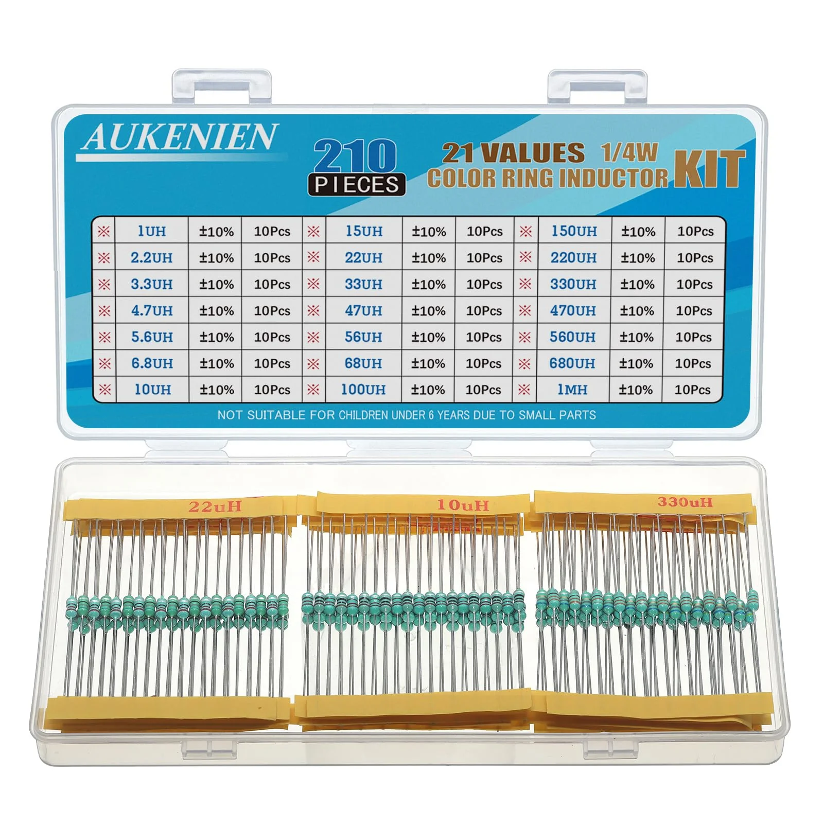 AUKENIEN 1/4 W Colour Ring Inductors 21 Values Inductor Kit 1uH to 1mH 210 Pieces 0307 DIP Colour Code Inductance 1/4 Watt Assortment 1/4W
