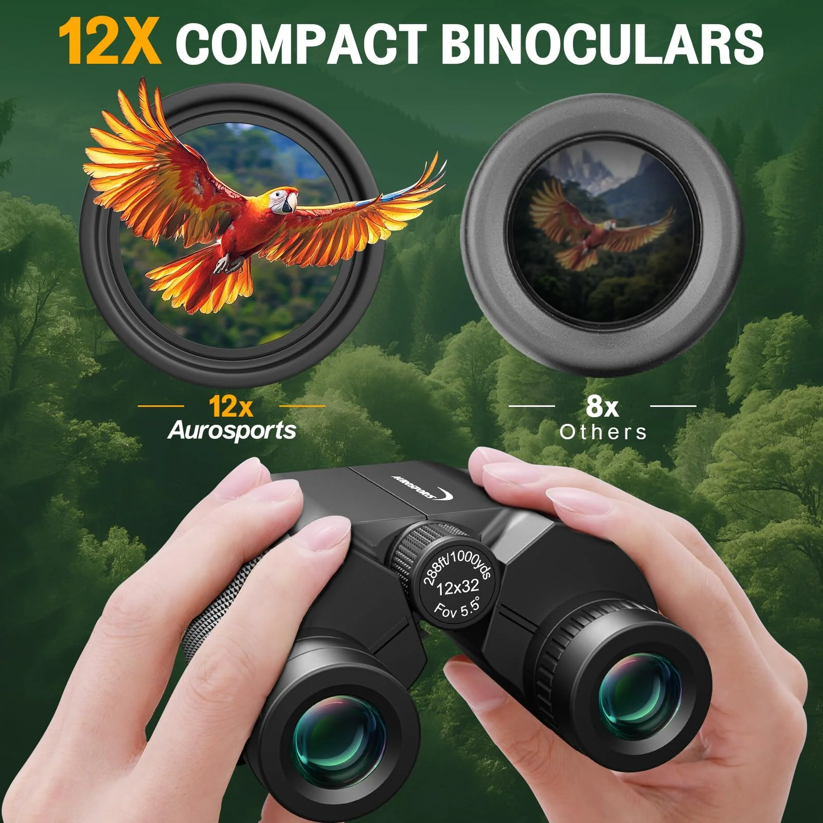 Aurosports 12x32 Compact Binoculars for Adults - Small Binoculars with FMC Lens & BAK4 Prism - Wide 273ft/1000yds Field of View - Easy Focus Binos for Bird Watching Traveling Gifts for Men Women - Image 2