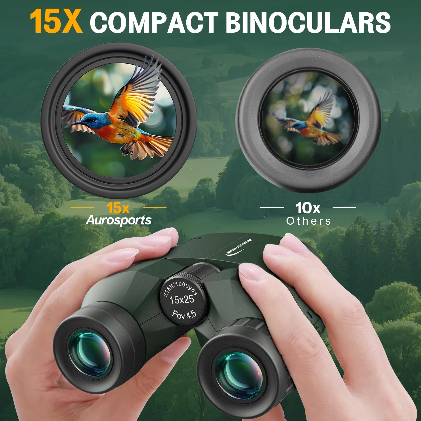 Aurosports 15x25 Compact Binoculars for Adult Kids - High Power Binoculars for Bird Watching - Easy Focus Small Binocular with Low Light Vision for Travel, Camping, Concert, Hiking -Green - Image 2