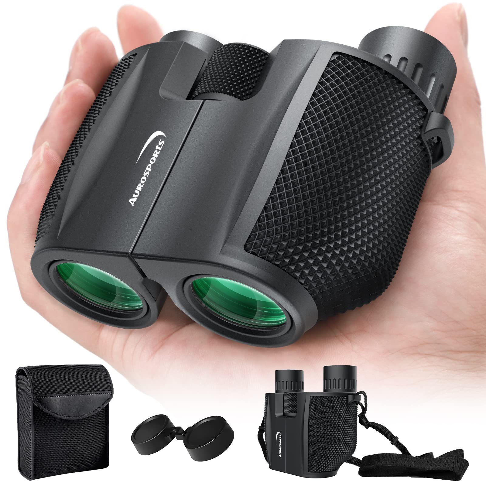 Aurosports Compact Binoculars for Adults and Kids - 10x25 Small Lightweight Binoculars for Bird Watching, Easy Focus for Theater, Cruise & Travel - Ideal Gift with Carrying Case & Strap 10x25-Black