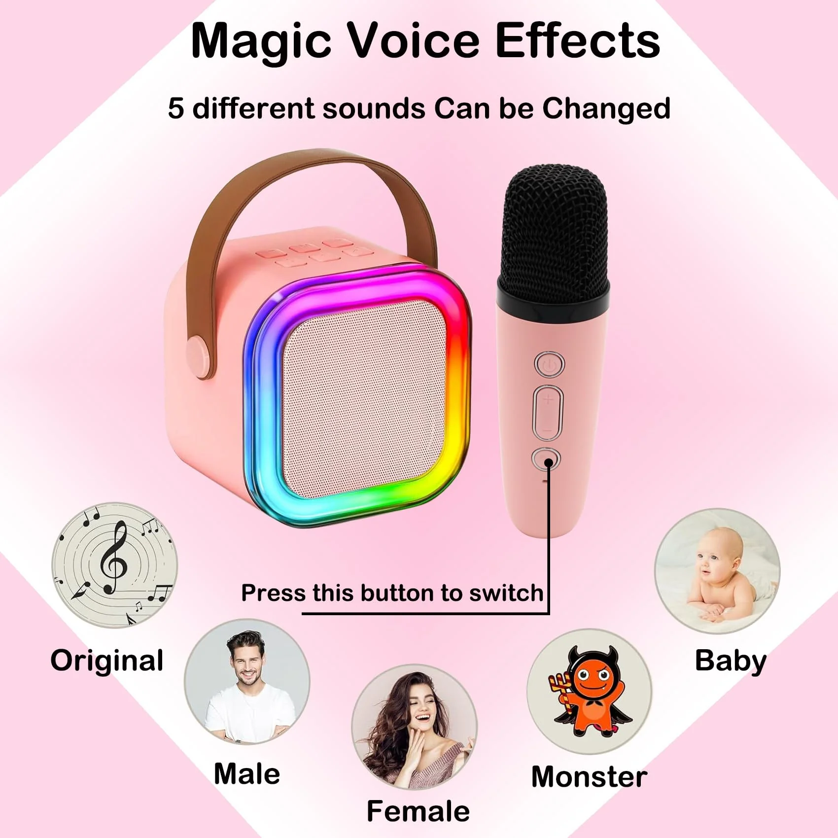 AUTENS Mini Karaoke Machine for Kids&Adults, Portable Bluetooth Karaoke Microphone Singing Speaker with 2 Mic and RGB Multi-Colors, Birthday Gifts Toys for All Smartphones, Family,Home Party - Image 3