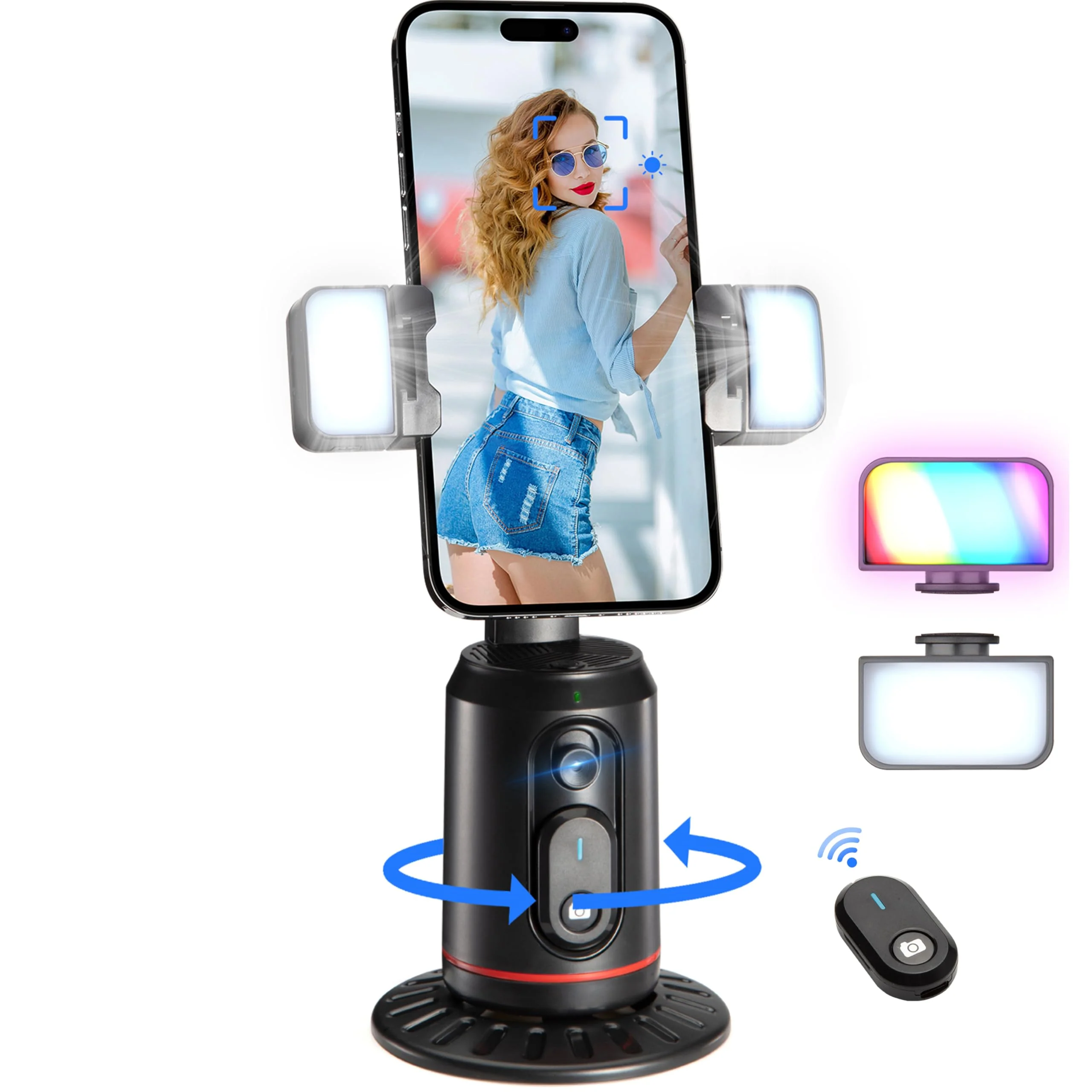Auto Face Tracking Phone Holder, 360° Rotation Face Body Phone Tripod Smart Shooting Camera Mount with Rechargeable Remote and Light for Live Vlog Streaming Video, Rechargeable BLACK