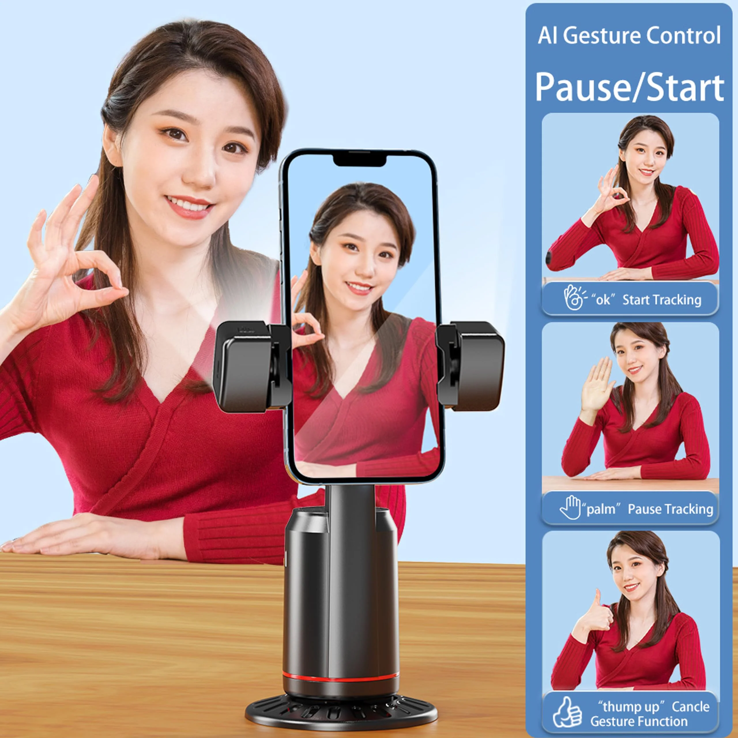Auto Face Tracking Phone Holder, 360° Rotation Face Body Phone Tripod Smart Shooting Camera Mount with Rechargeable Remote and Light for Live Vlog Streaming Video, Rechargeable BLACK - Image 6