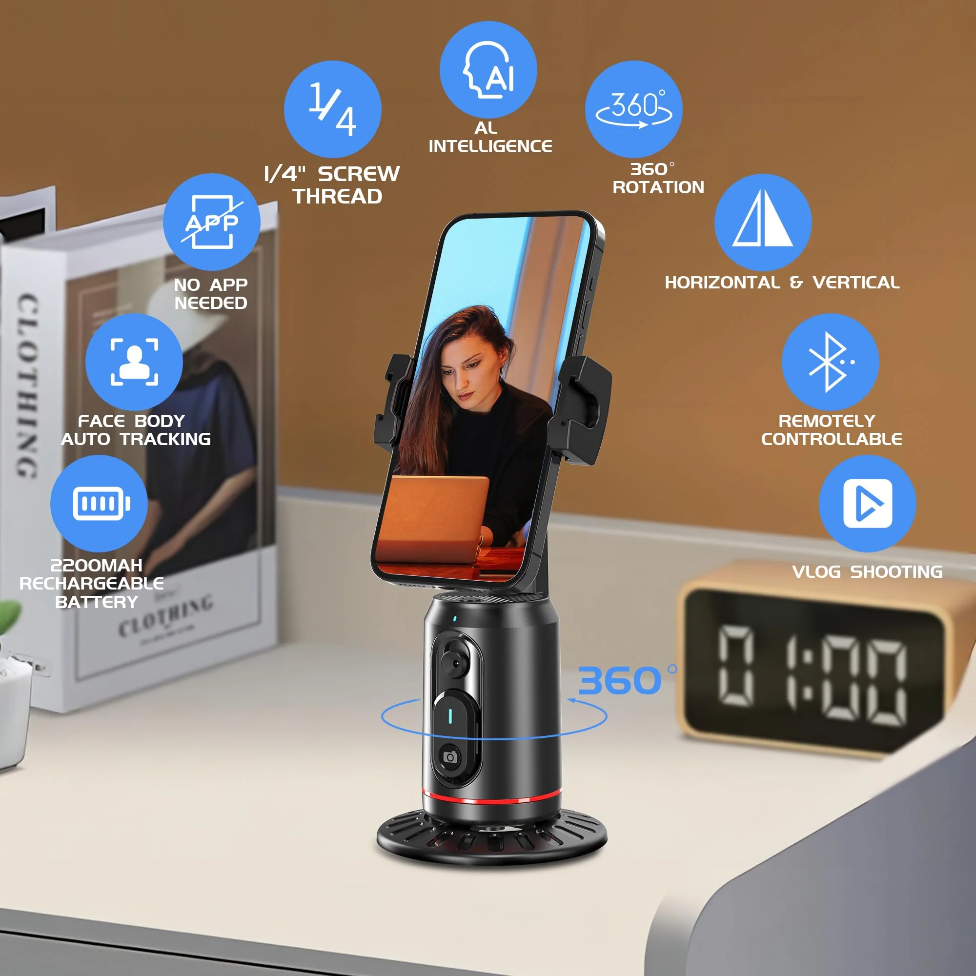Auto Face Tracking Phone Holder for Phone, GoPro, Compact Camera, 360° Rotation Mount with Remote Compatible with Tripod, Rotating Stand for iPhone for Vlog, Streaming, Video, FaceTime, TIK Tok - Image 2