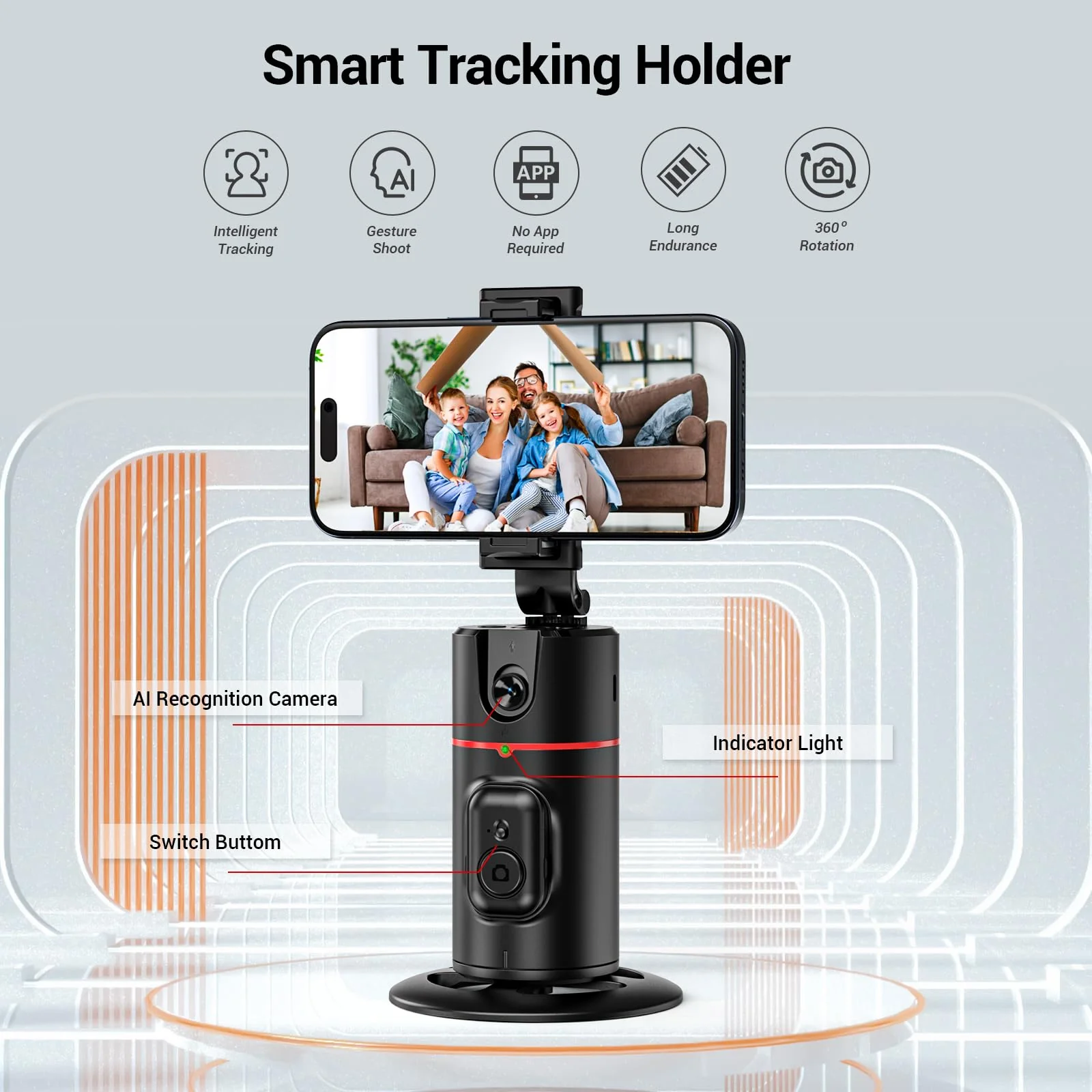 Auto Face Tracking Tripod 360° Rotating Auto Tracking Phone Holder, No App, Phone Camera Stand with Remote and Gesture Control, Smart Shooting Stand for Vlog/TIK Tok Live Video Recording Black - Image 2