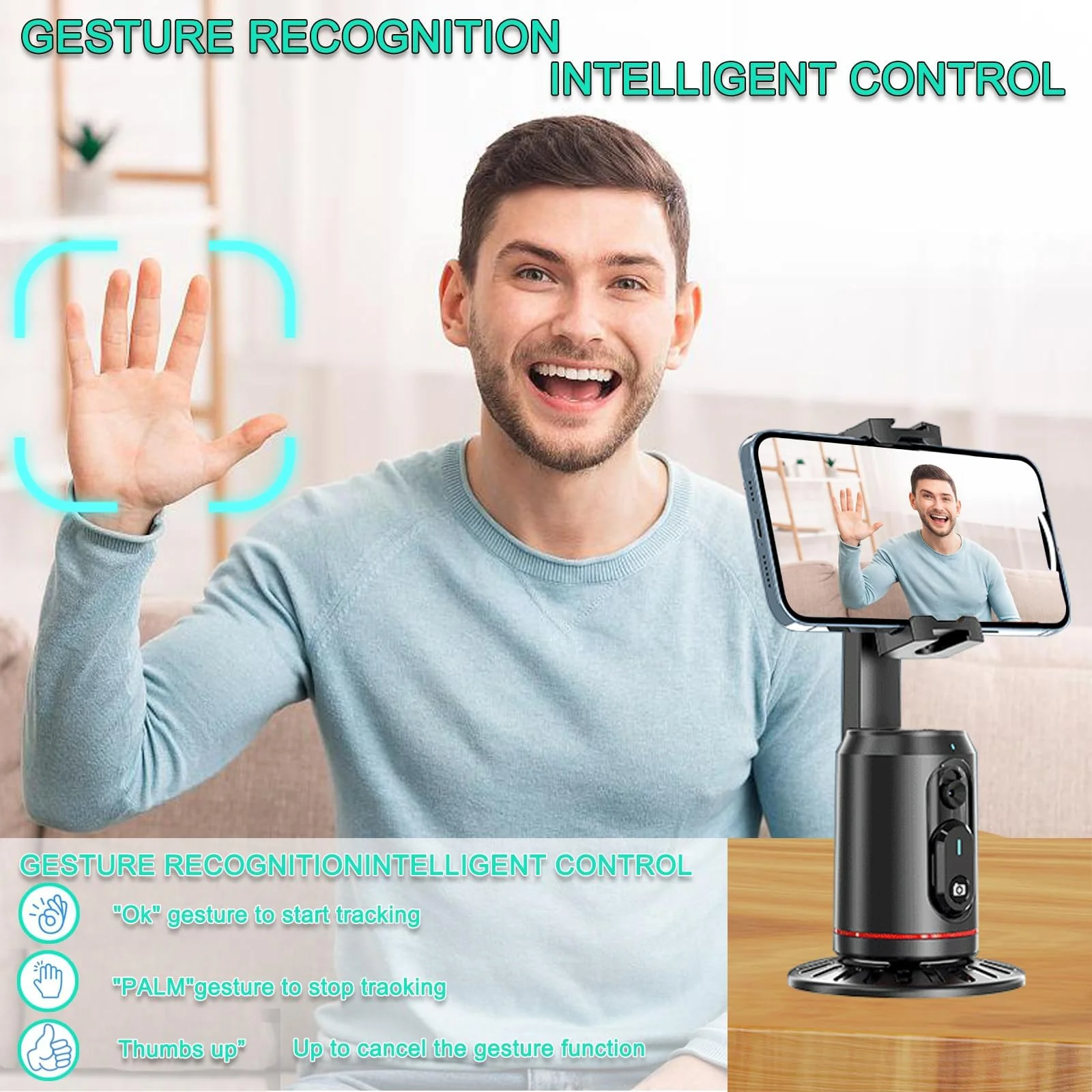 Auto Face Tracking Tripod 360° Rotating Auto Tracking Phone Stand, No App, Gesture Control Smart Shooting Camera Mount with Selfie Light and Remote for Live Vlog Streaming Video Tiktok-Rechargeable - Image 2
