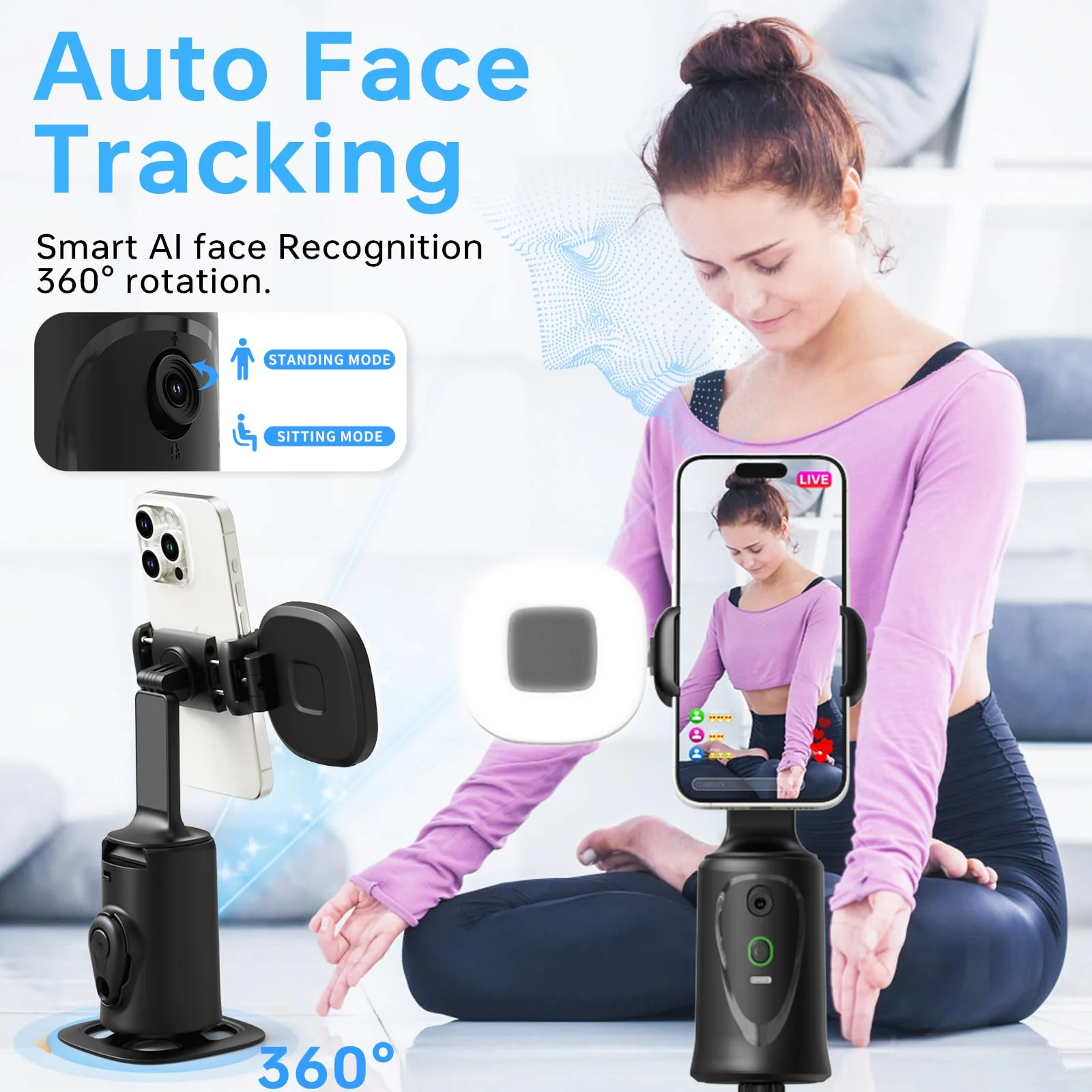 Auto Face Tracking Tripod 360° Rotation Phone Stand, No App, Face Body Phone Camera Stand with Remote and Gesture Control, Rechargeable Smart Shooting Stand with Light (Upgrade Edition) - Image 4