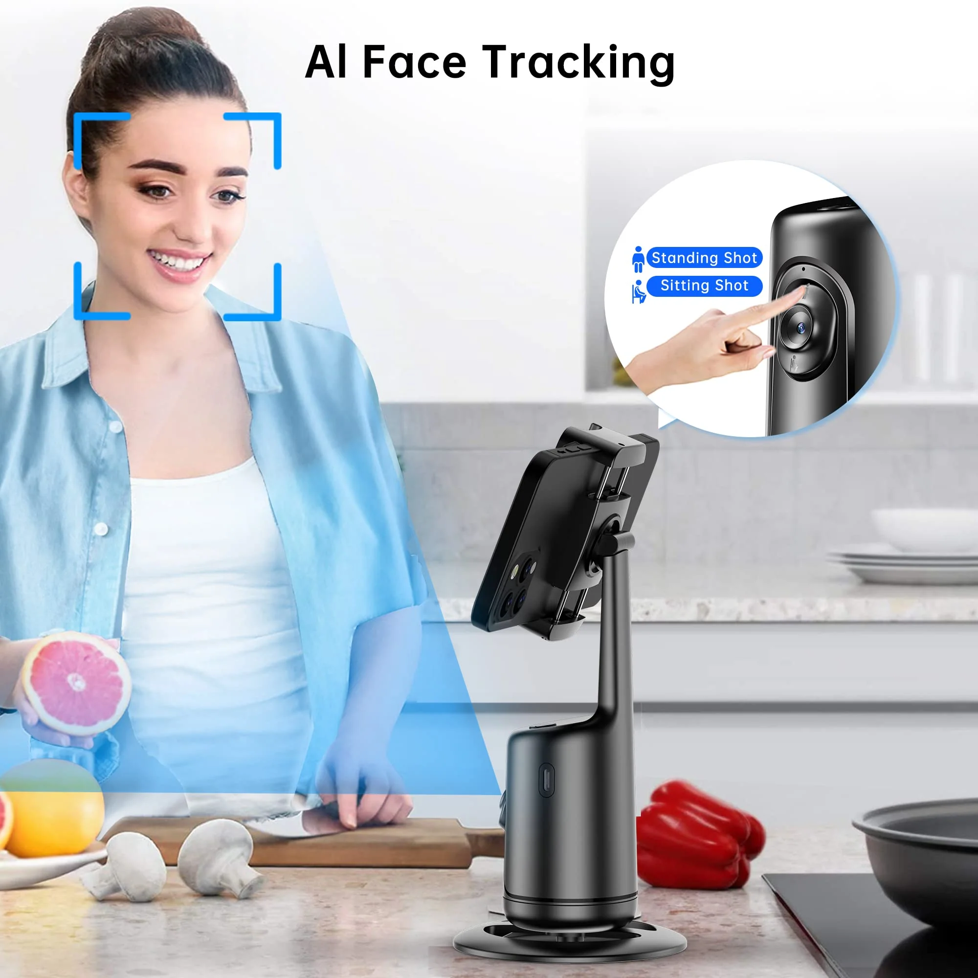 Auto Tracking Phone Holder, Auto Face Tracking Tripod, Portable All-in-one Smart Selfie Stick 360 Rotation Fast Face & Object Tracking Cameraman Robot Mount for Phone Video Vlog Live Streaming(Black) Black - Image 2