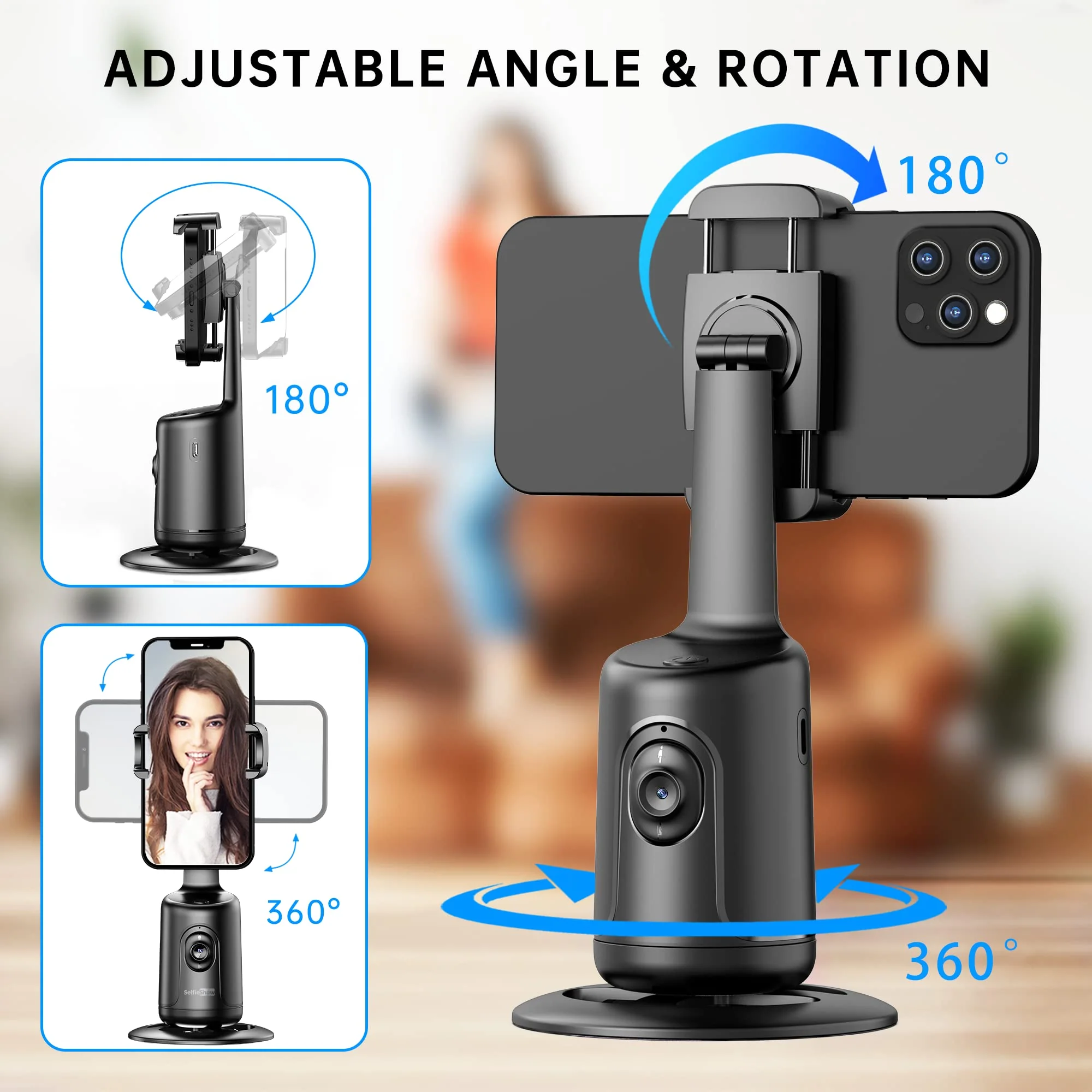 Auto Tracking Phone Holder, Auto Face Tracking Tripod, Portable All-in-one Smart Selfie Stick 360 Rotation Fast Face & Object Tracking Cameraman Robot Mount for Phone Video Vlog Live Streaming(Black) Black - Image 3