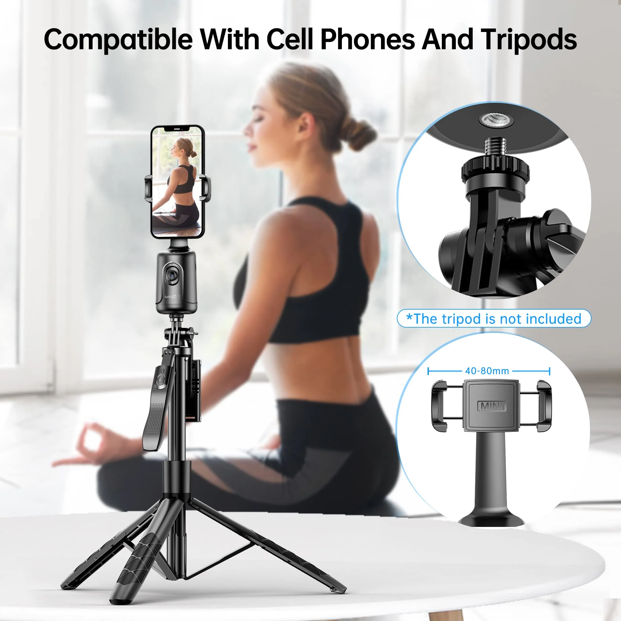 Auto Tracking Phone Holder, Auto Face Tracking Tripod, Portable All-in-one Smart Selfie Stick 360 Rotation Fast Face & Object Tracking Cameraman Robot Mount for Phone Video Vlog Live Streaming(Black) Black - Image 4