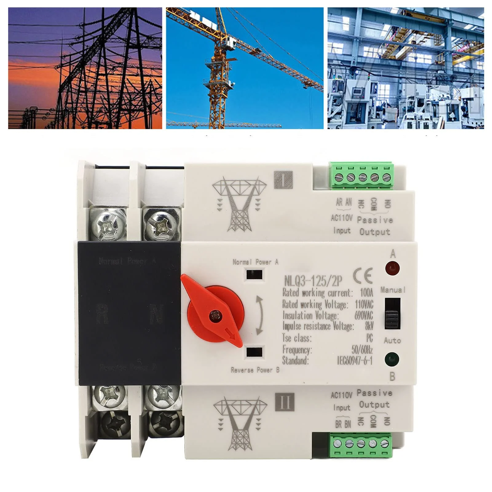 Automatic Transfer Switch, 50 60HZ Generator Automatic Transfer Switch 2P ATS AC110V 100A for PZ30 Distribution Boxes in Homes Factories and Laboratories, PC and Silver - Image 3