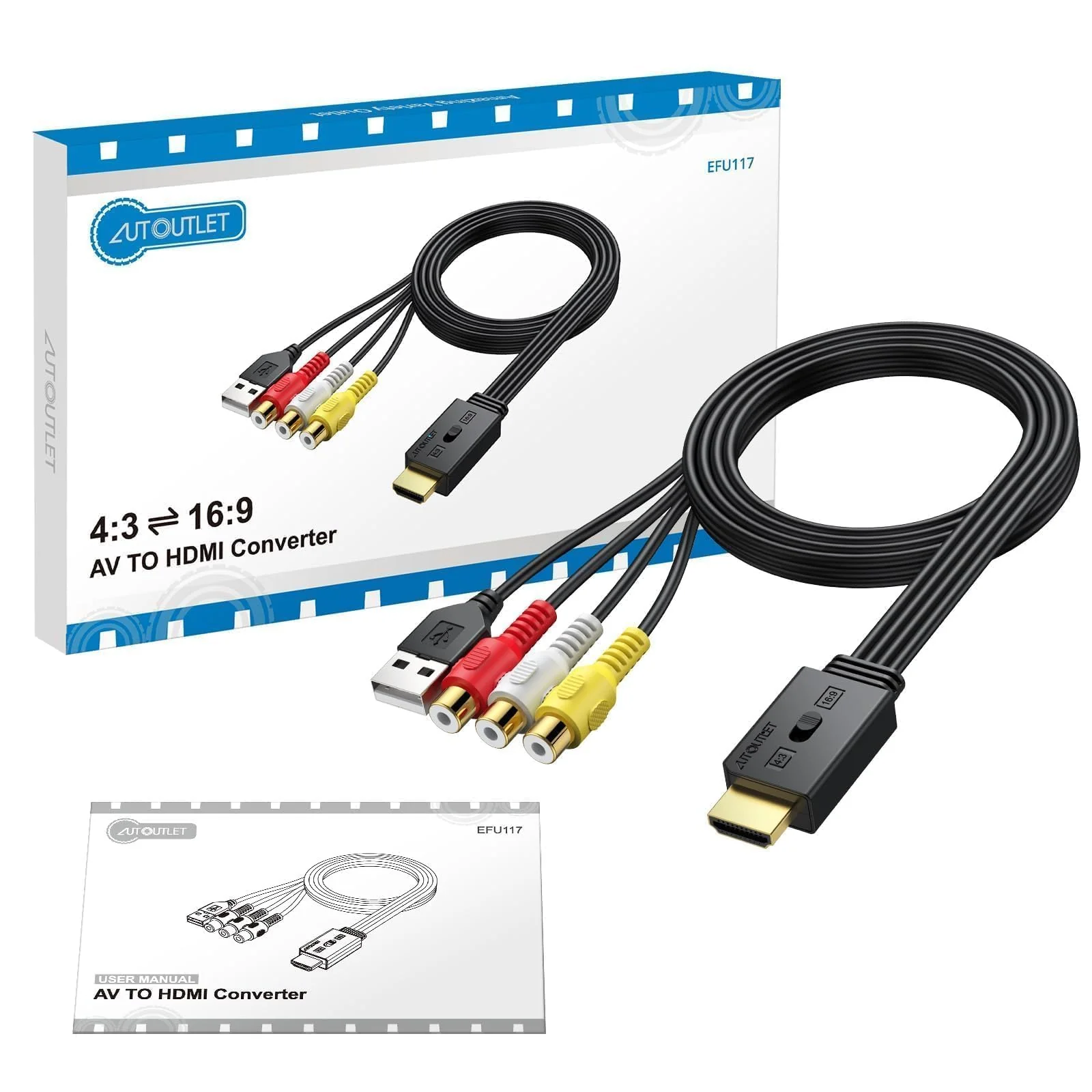AUTOUTLET RCA to HDMI Converter with Aspect Ratio Switch (4:3/16:9), 1080P/720P AV to HDMI Composite CVBS Video Audio Adapter Supports PAL/NTSC for Wii/N64/PS2 EFU117 - Image 9