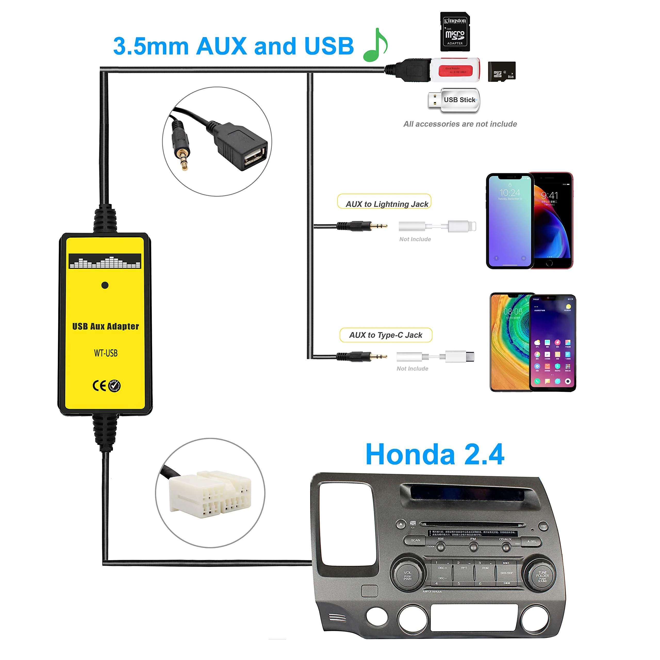 AUX Cord, Car Audio USB AUX Input Adapter Stereo CD Changer Compatible with Honda Accord 2003-2011/City 2002-2011/CRV 2005-2011/Civic 2006-2011/Odyssey 2005-2011 USB+AUX Adapter - Image 2