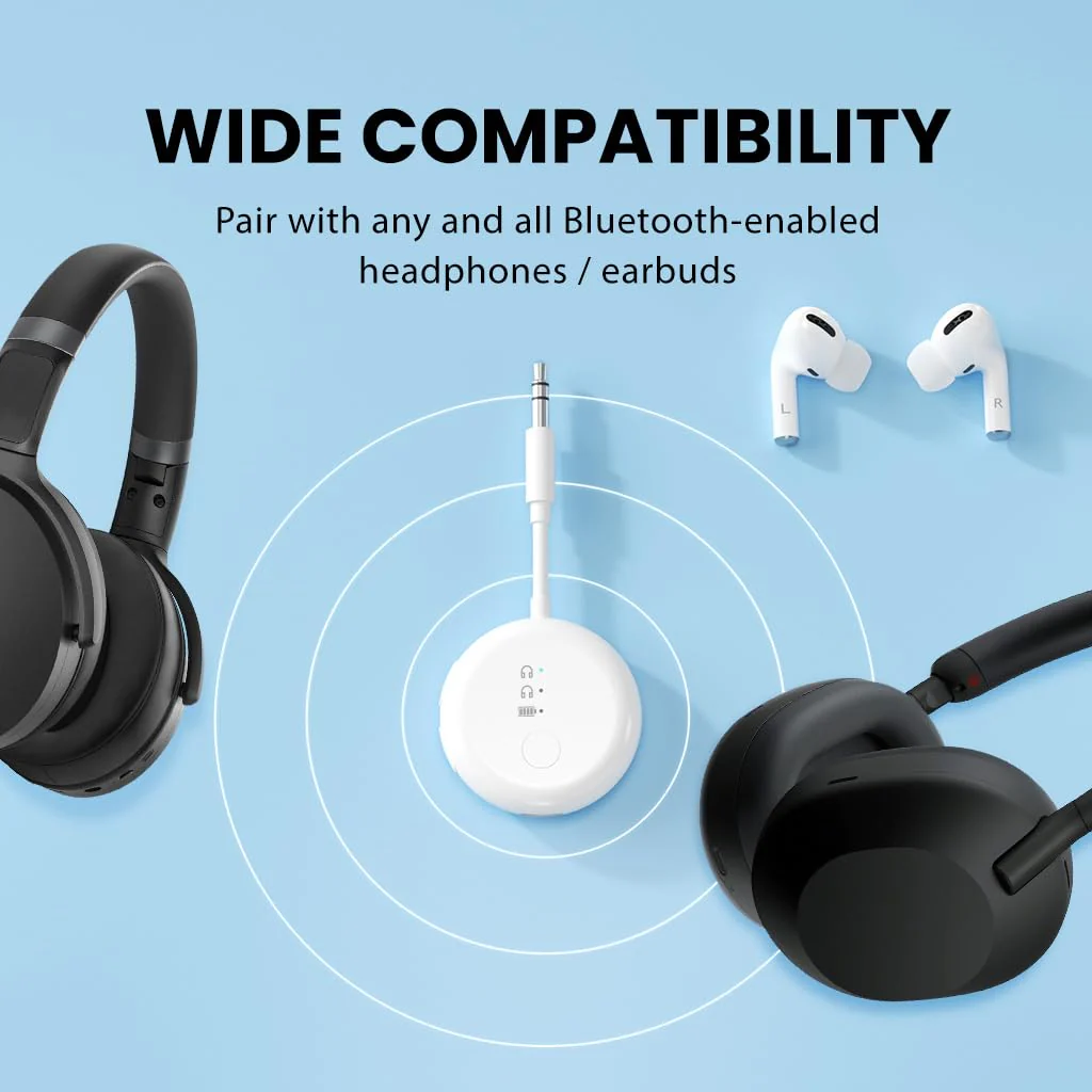Avantree SoundJet R1 [2025 New] - Airplane Bluetooth 5.3 Adapter for up to 2 AirPods or Headphones with Low Latency and 20hr Playtime, Wireless Audio Transmitter for Flights, Travel, Gym, TV, Tablet White - With Dual Adapter - Image 3