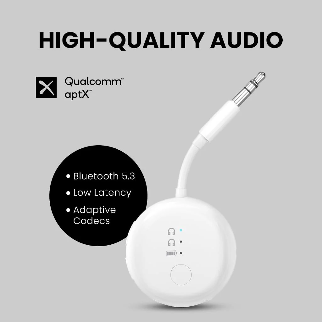 Avantree SoundJet R1 [2025 New] - Airplane Bluetooth 5.3 Adapter for up to 2 AirPods or Headphones with Low Latency and 20hr Playtime, Wireless Audio Transmitter for Flights, Travel, Gym, TV, Tablet White - With Dual Adapter - Image 4