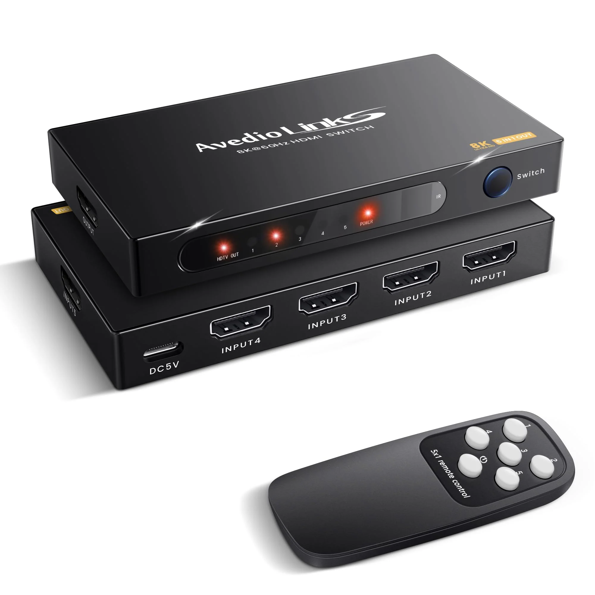avedio links 8K HDMI2.1 Switch with Remote 5x1, 5 in 1 Out HDMI Splitter with Remote, Auto Switch HDMI Selector Box Support 4K@60Hz, HDCP2.3, HDR, 3D, for PS5, Xbox, Fire Stick, Blu-ray, HDTV 8K 60Hz 5 to 1