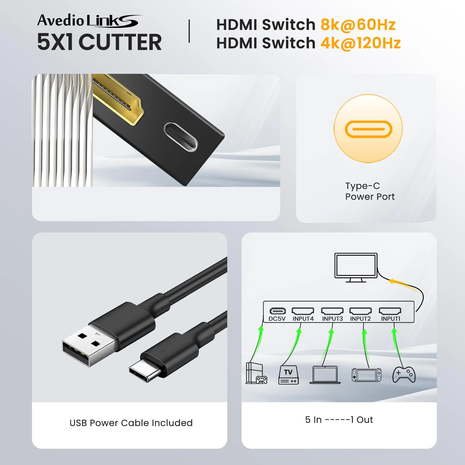 avedio links 8K HDMI2.1 Switch with Remote 5x1, 5 in 1 Out HDMI Splitter with Remote, Auto Switch HDMI Selector Box Support 4K@60Hz, HDCP2.3, HDR, 3D, for PS5, Xbox, Fire Stick, Blu-ray, HDTV 8K 60Hz 5 to 1 - Image 5
