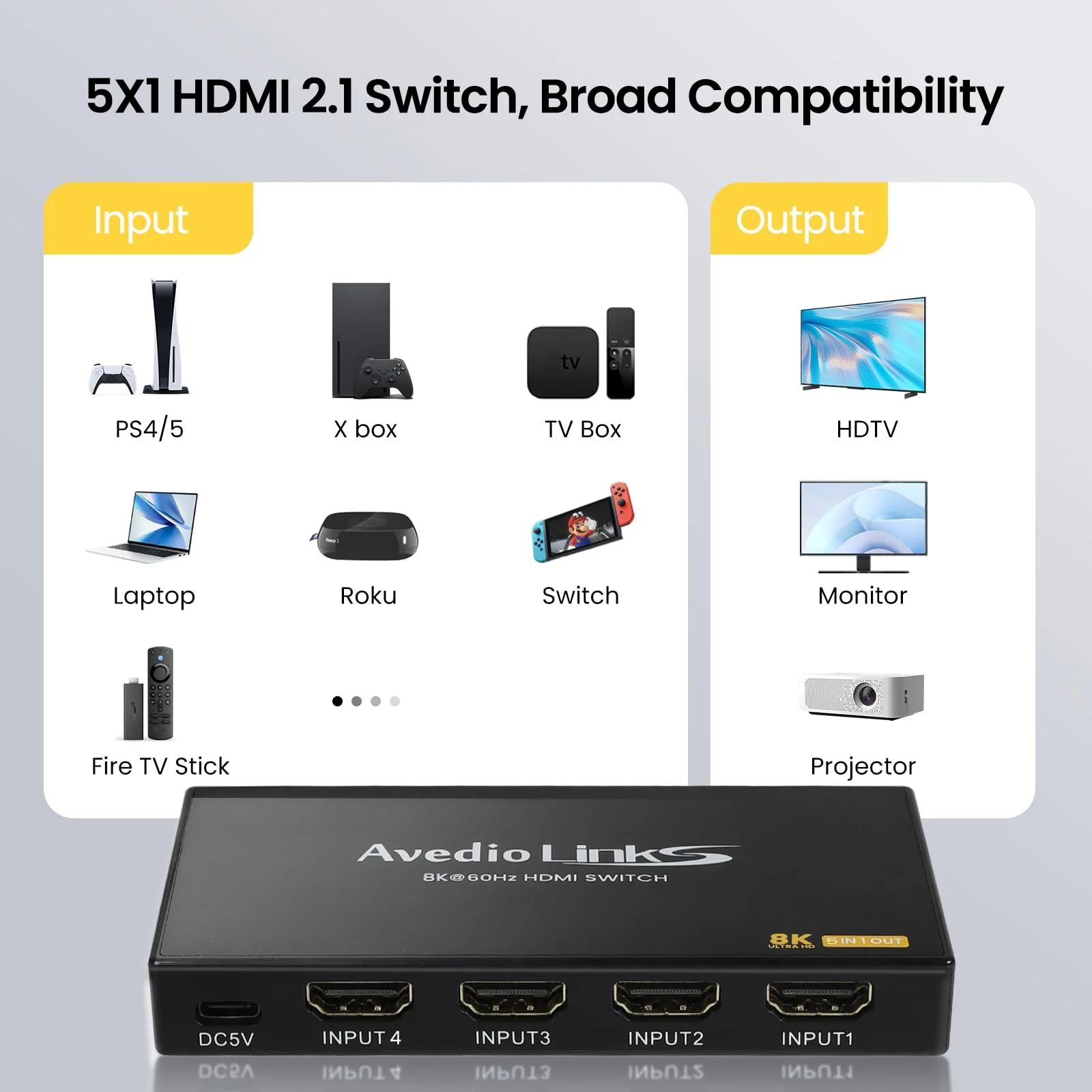 avedio links 8K HDMI2.1 Switch with Remote 5x1, 5 in 1 Out HDMI Splitter with Remote, Auto Switch HDMI Selector Box Support 4K@60Hz, HDCP2.3, HDR, 3D, for PS5, Xbox, Fire Stick, Blu-ray, HDTV 8K 60Hz 5 to 1 - Image 7