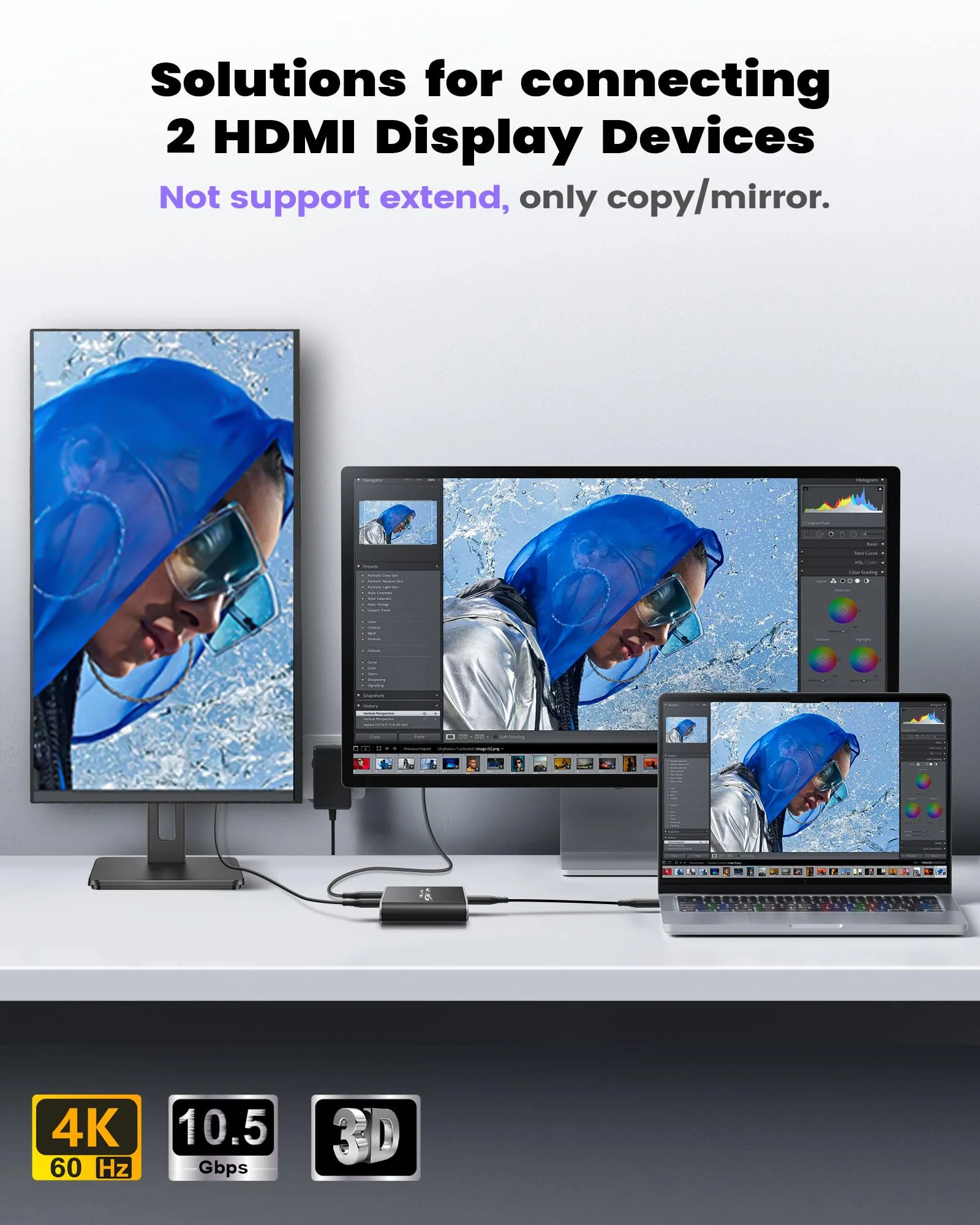 avedio links HDMI Splitter 1 in 2 Out 4K@60Hz [with 4 ft HDMI Cable], Aluminum Alloy 4K HDMI Splitter for 2 Same Screen, 1x2 HDMI 2.0 Splitter Mirror Only, Support Full HD 1080P 3D HDCP 1.4(Black) Black - Image 6