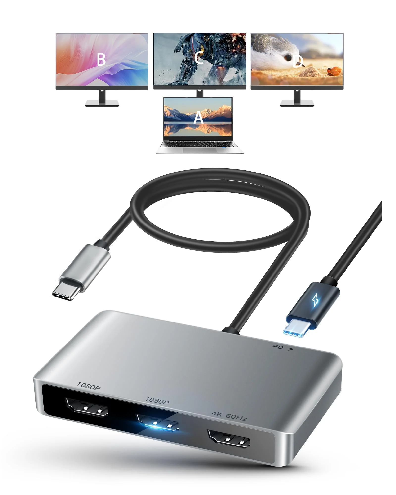 avedio links USB C to 3 HDMI Adapter, HDMI Splitter Extended Display for Triple Monitor with 100W PD Port, Out 1 4K@60Hz, Out 2 and 3 1080p, Display 4 Separate Screens for Windows/Mac OS USB C to 3x HDMI