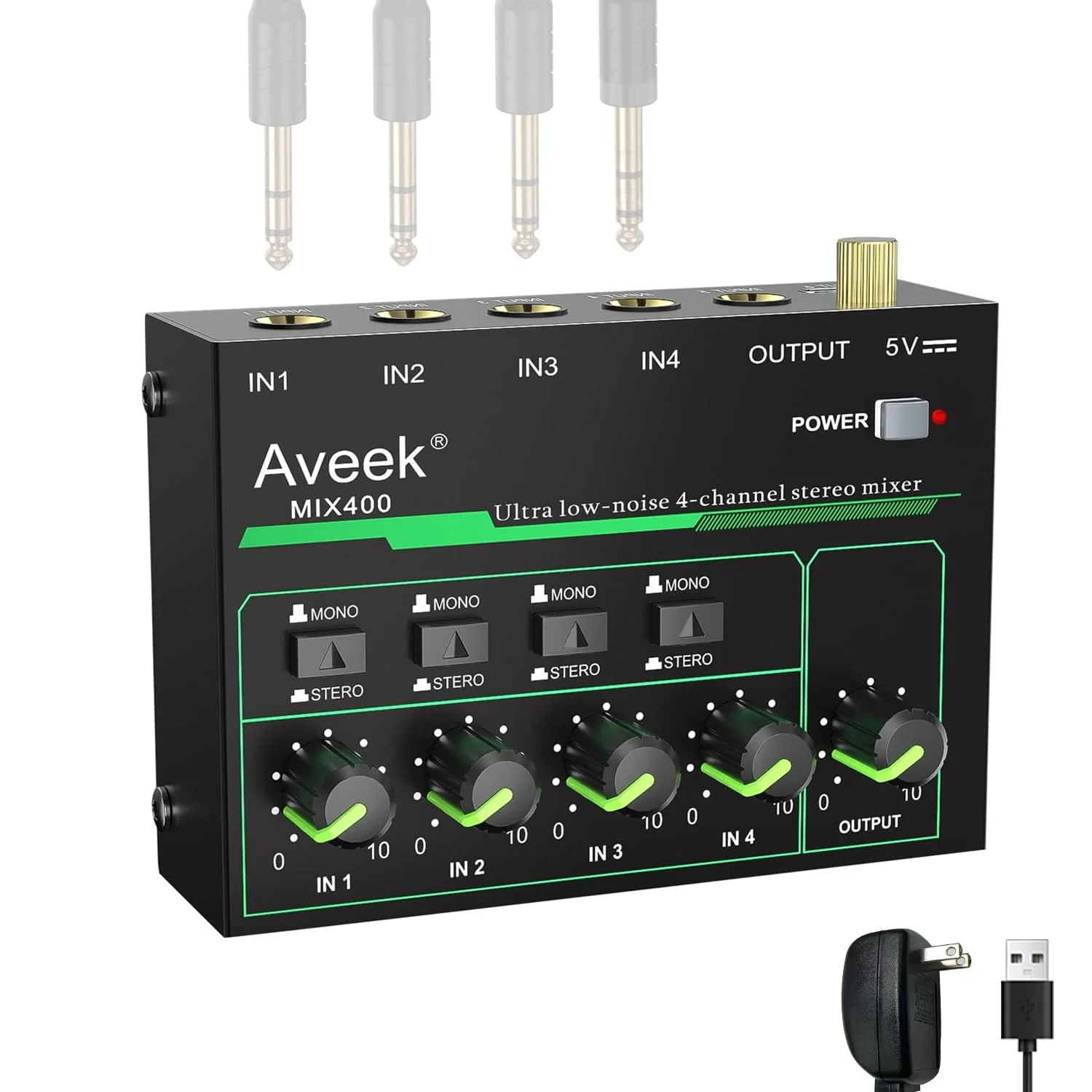 Aveek 4 Channel Mixer - Mini 4 Stereo Audio Mixer, Low-Noise for Precision Sub-Mixing,1/4" TRS Input/Output Ideal for Mics/Guitars/Bass/Stage - 3 x 4.4 x 1.3 inches