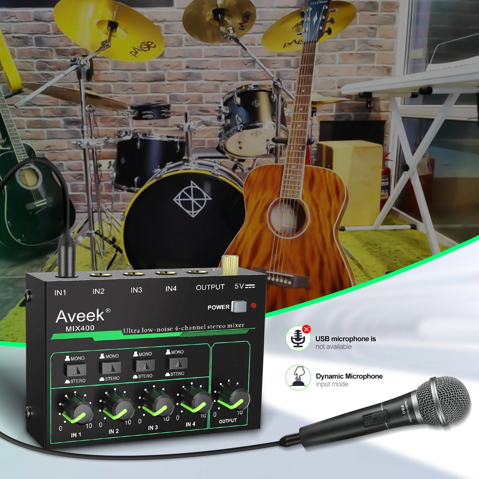 Aveek 4 Channel Mixer - Mini 4 Stereo Audio Mixer, Low-Noise for Precision Sub-Mixing,1/4" TRS Input/Output Ideal for Mics/Guitars/Bass/Stage - 3 x 4.4 x 1.3 inches - Image 7