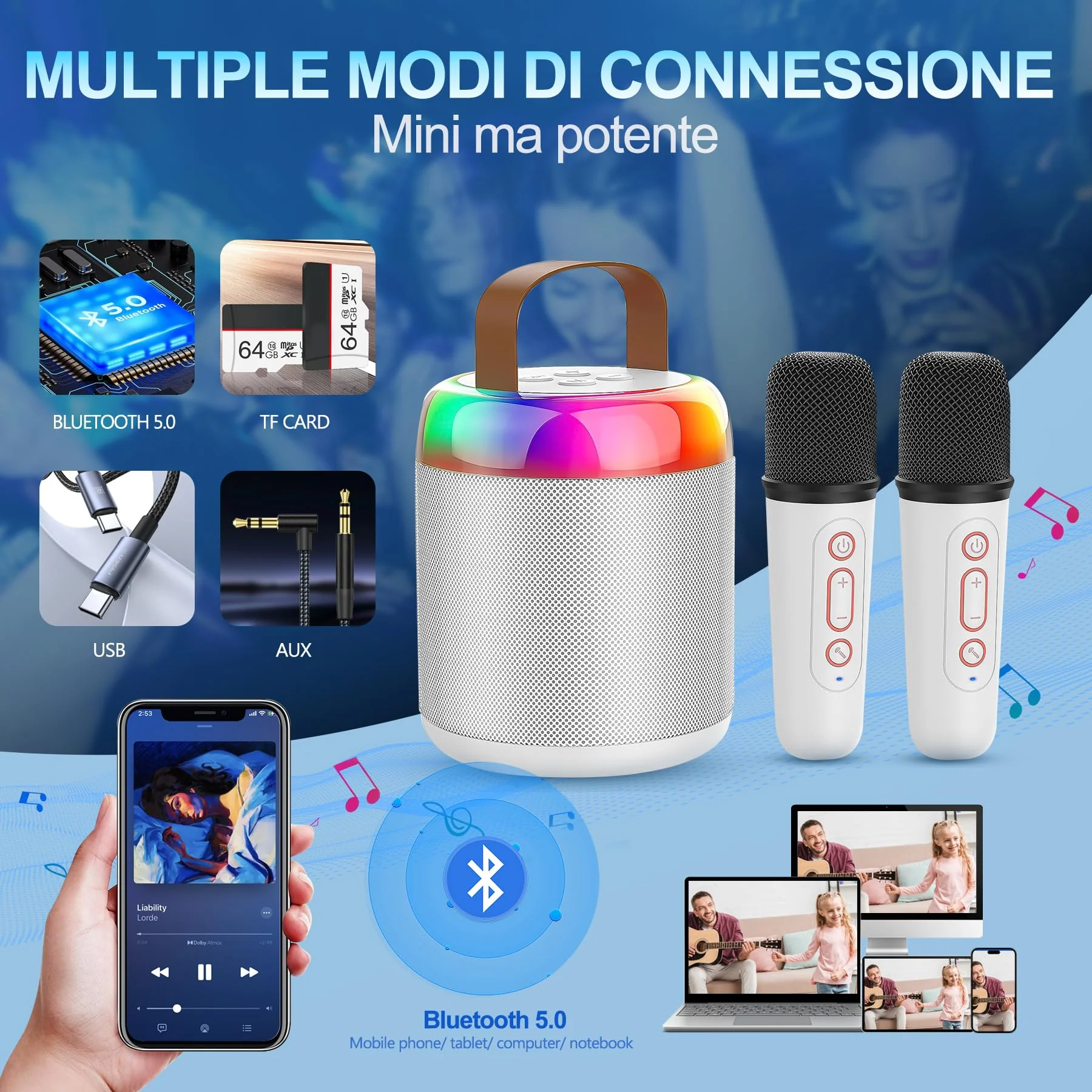 Aveek Mini Karoke Machine, Portable Bluetooth 5.3 Speaker with 1 Wireless Microphone for Kids Adults Toys Gifts for Girls Boys Birthday Christmas Camping Indoor Outdoor Home Party, White - Image 4