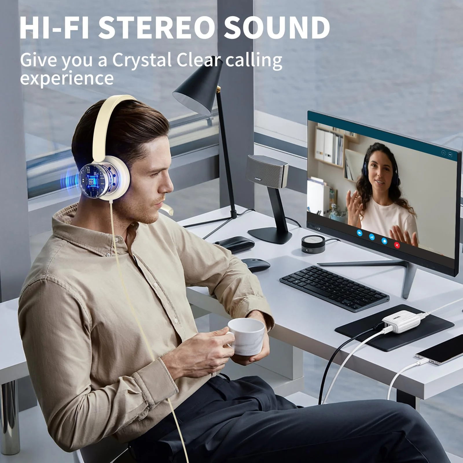 awatrue USB Headset with Microphone for PC, Computer Headset with Noise Canceling Microphone for PC Laptop, in Line Mute Controls, Wired Headset for Work from Home/Office/Call Center/Teams/Zoom Apricot - Image 2