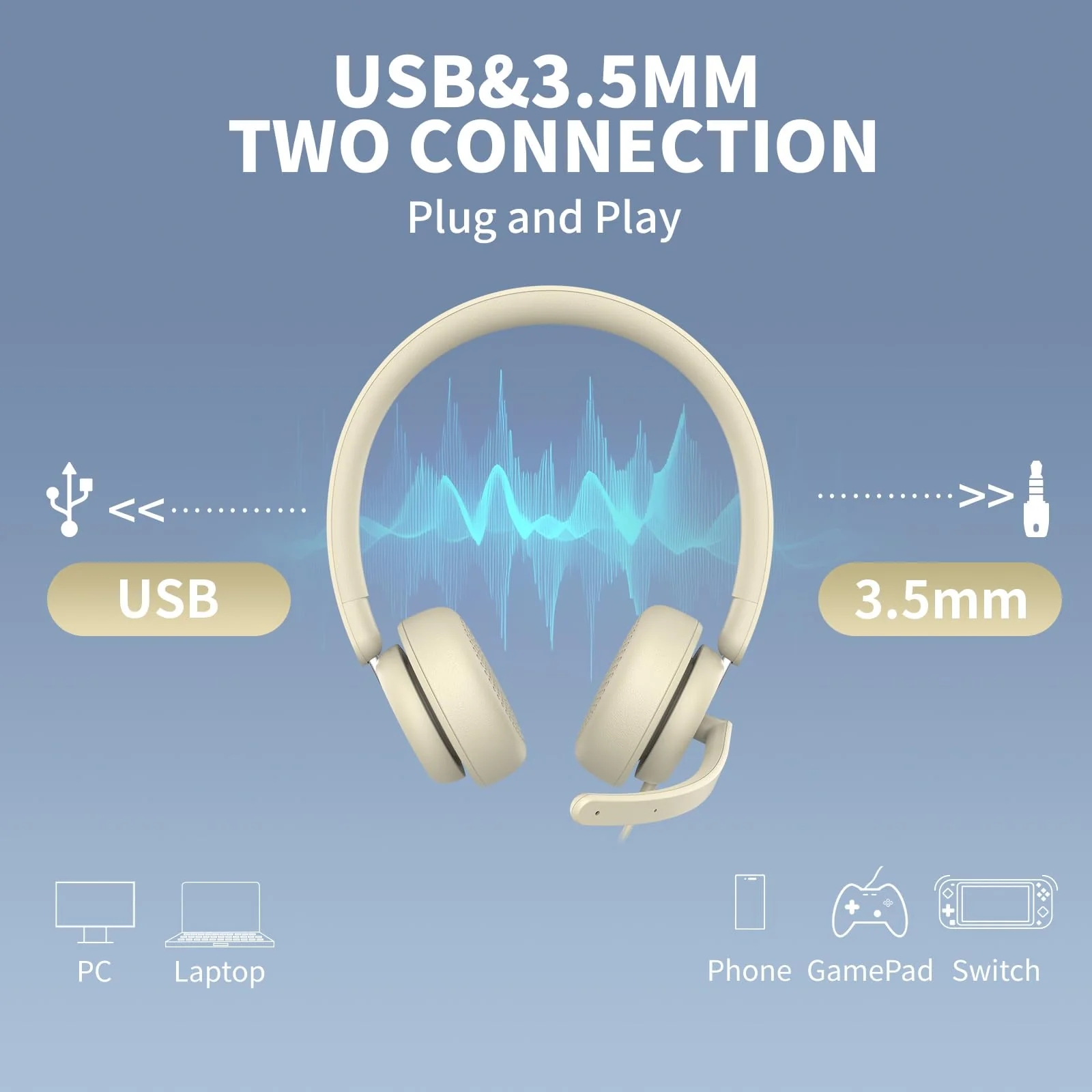 awatrue USB Headset with Microphone for PC, Computer Headset with Noise Canceling Microphone for PC Laptop, in Line Mute Controls, Wired Headset for Work from Home/Office/Call Center/Teams/Zoom Apricot - Image 4