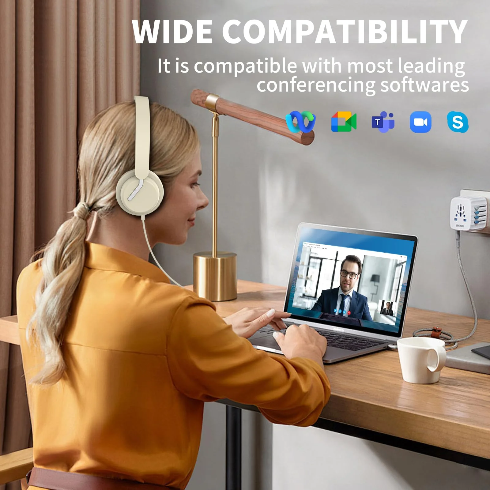 awatrue USB Headset with Microphone for PC, Computer Headset with Noise Canceling Microphone for PC Laptop, in Line Mute Controls, Wired Headset for Work from Home/Office/Call Center/Teams/Zoom Apricot - Image 5