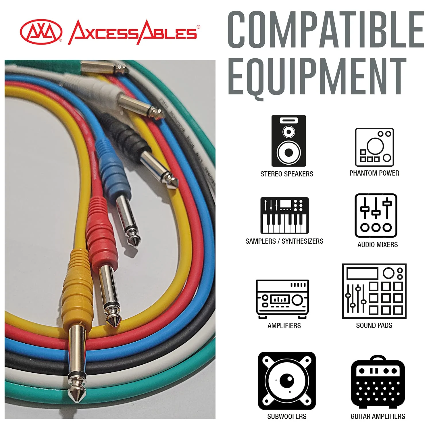 AxcessAbles 1/4 (6.35mm) TS to 1/4 (6.35mm) TS Unbalanced Mono Multi-Color Patch Cables 6 Pack (3ft) Outboard Gear & Patchbay Studio Cables External Effects Digital Analog Effects 3ft - 6PK - Image 2
