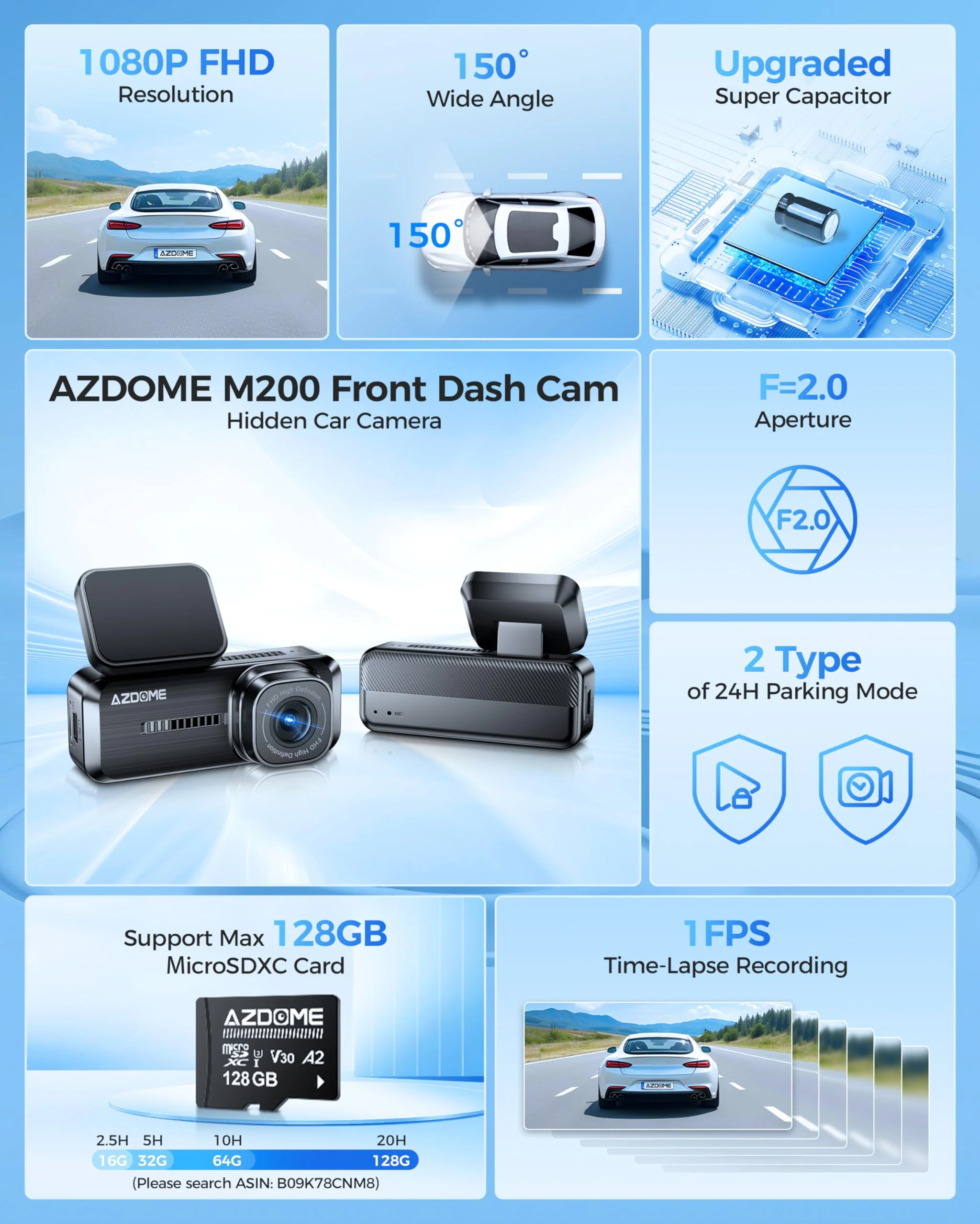 AZDOME M200 Mini Dash Cam WiFi Dashcam - Single Channel Dash Cam for Broad Road Coverage - Built-in WiFi - Full HD Resolution - Parking Monitor - App Connectivity - Collision Detection - Night Vision - Image 2