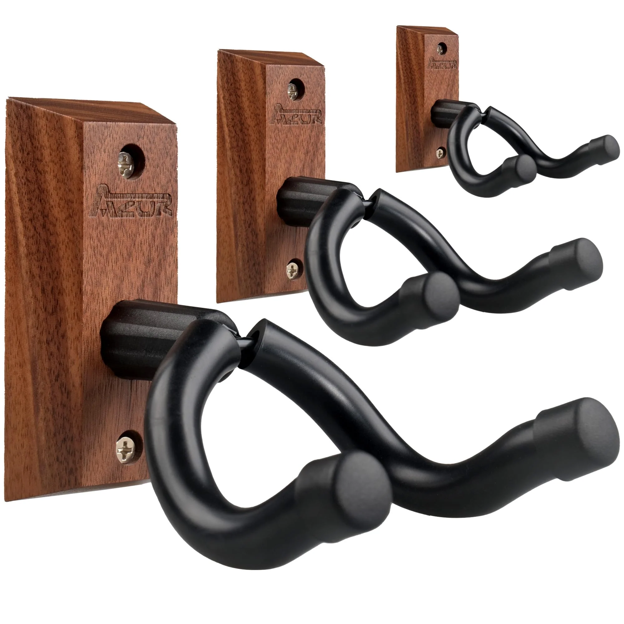 AZOR 3 Pack Black Walnut Guitar Wall Mount Set, U-Shaped Wooden Hanger for Acoustic/Electric Guitars, Bass, Banjo, Premium Wall Hook Holder, Gift for Guitarists & Music Enthusiasts